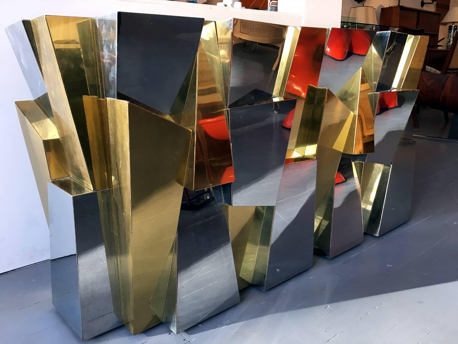 Brass Rare Custom Faceted Console Table by Paul Evans for Directional