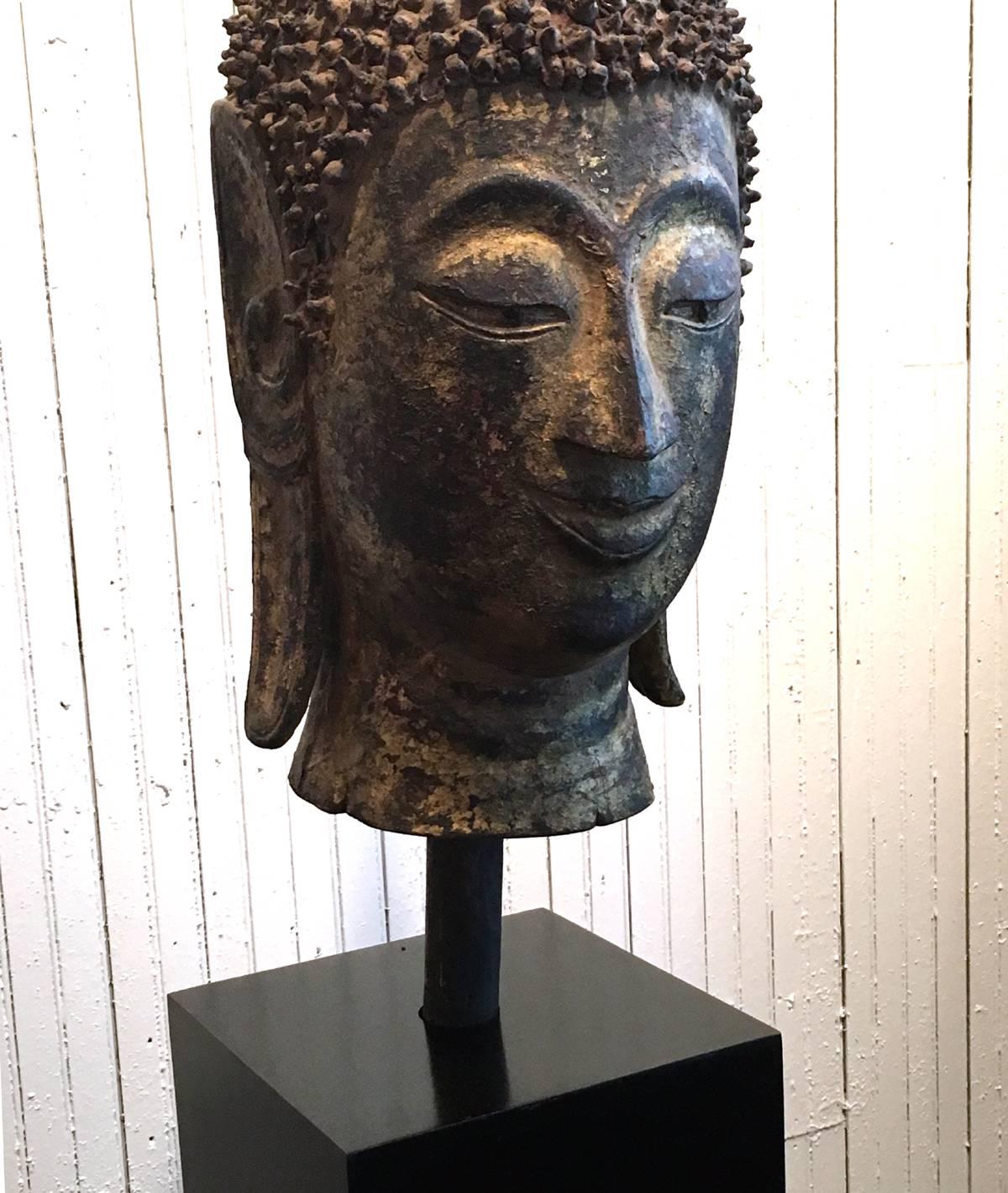 An impressive and large Buddha head from Loas circa 19th century now displayed on a new wood base. The carving is very fluid and strong with gilt surface. The hair was made with a mud like material and due to its age, there is some loss.