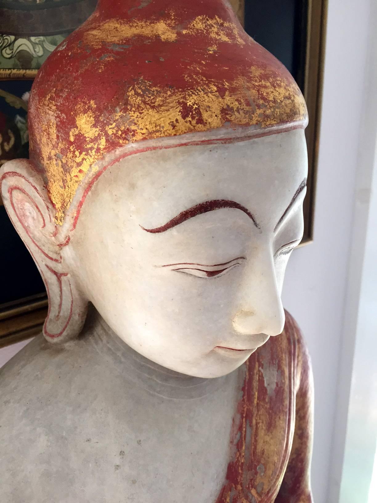 19th Century Antique Marble Seated Buddha Statue Burma Southeast Asia