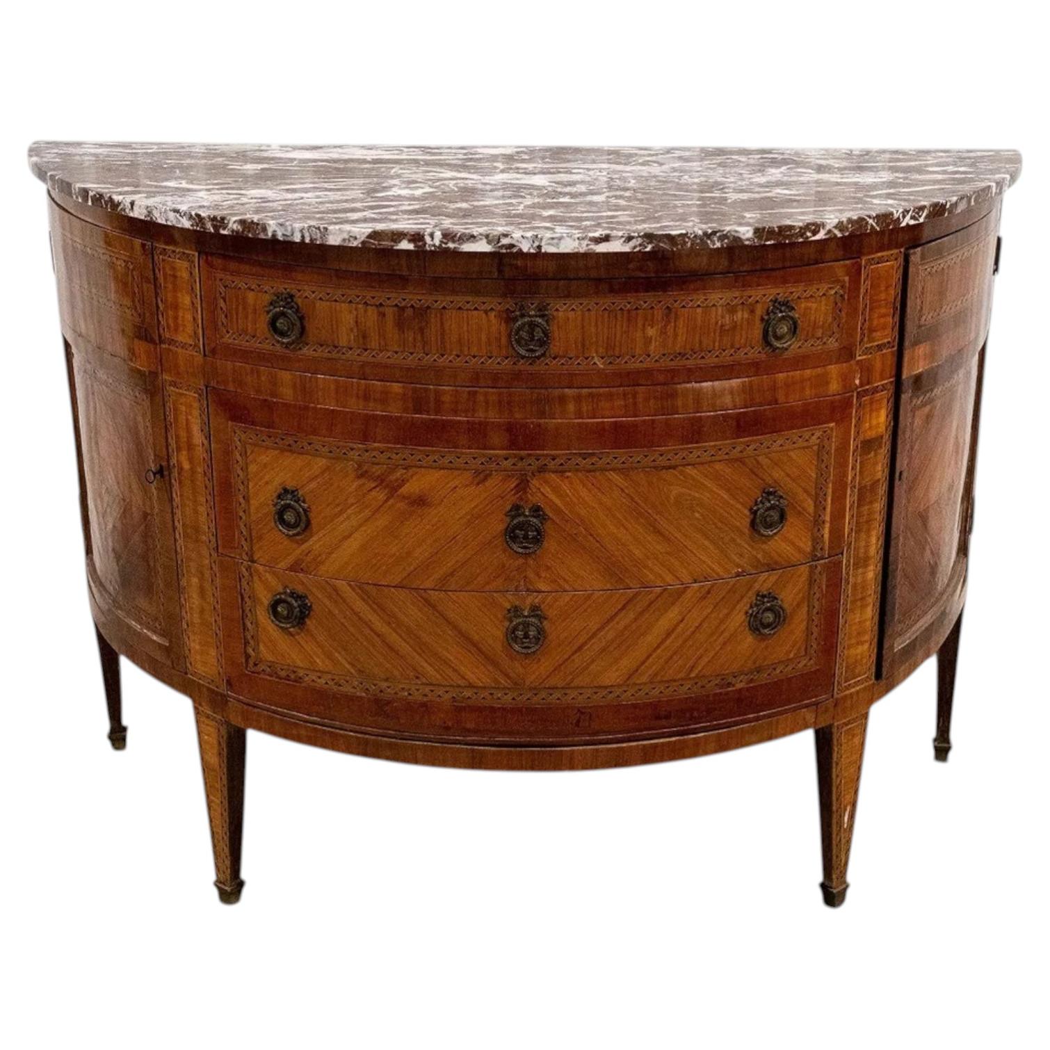 18th Century French Louis XVI Demilune Marquetry Commode with Marble Top For Sale