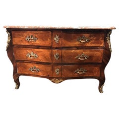 French Louis XV Style Marquetry Bombe Commode with Marble Top, 1750