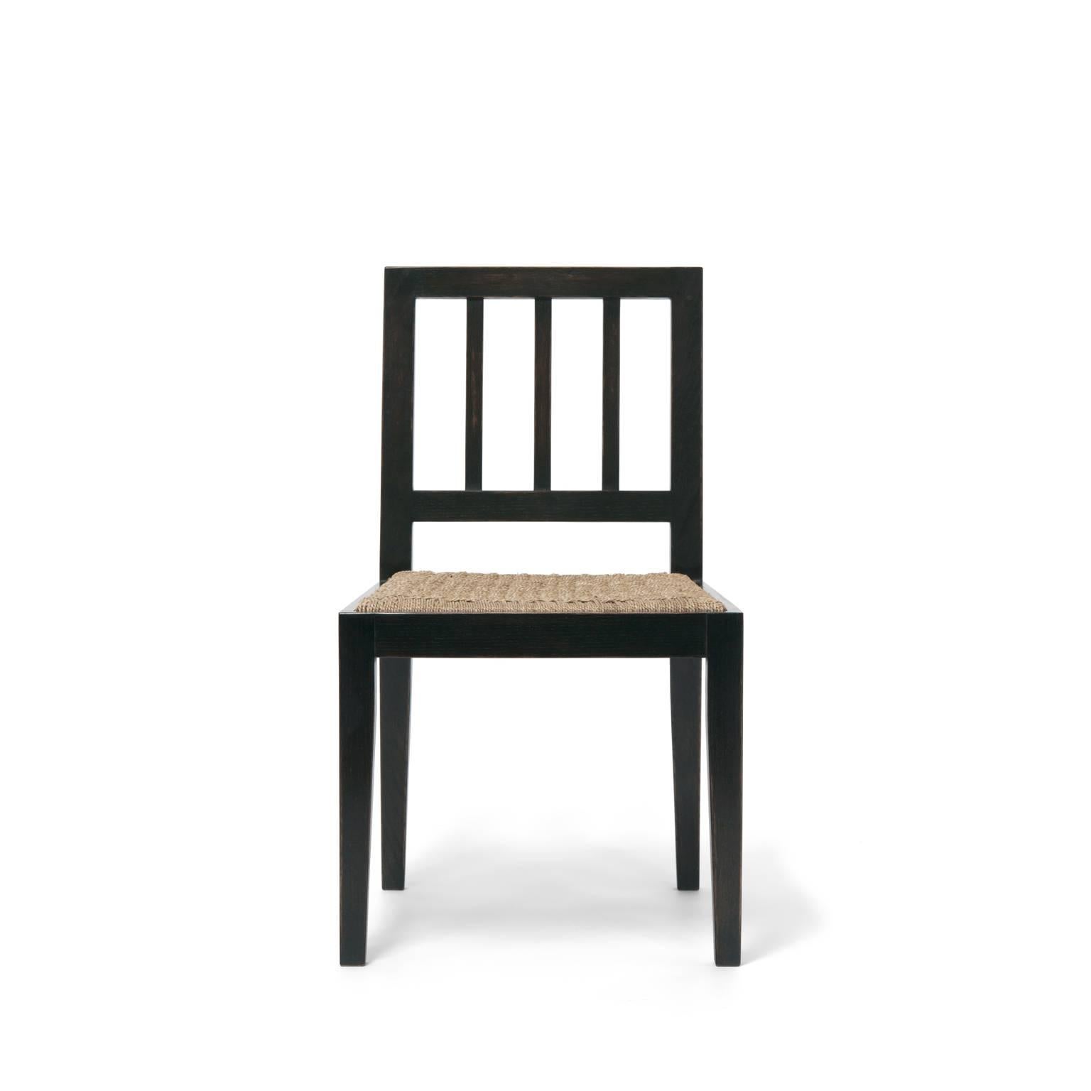 Atelier Demiurge Collection Mercer Chair shown in oak with antique ebonized finish. Inquire for finish and customization options. As shown or COM 1 yard.

Atelier Demiurge Collection pieces are made to order, and custom sizes are available. Please