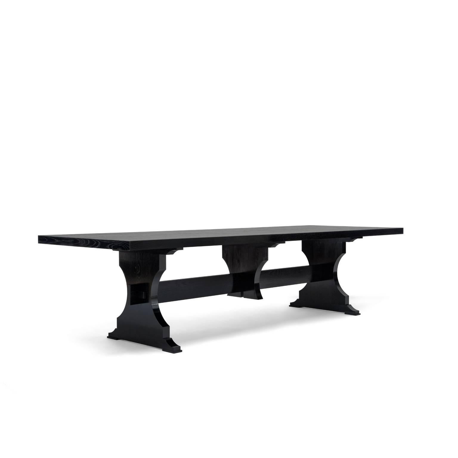Atelier Demiurge Collection Tuscan Dining Table shown with an inset 19th c. oak top in ebonized finish. Inquire for finish and extension options.

Atelier Demiurge Collection pieces are made to order, and custom sizes are available. Please contact