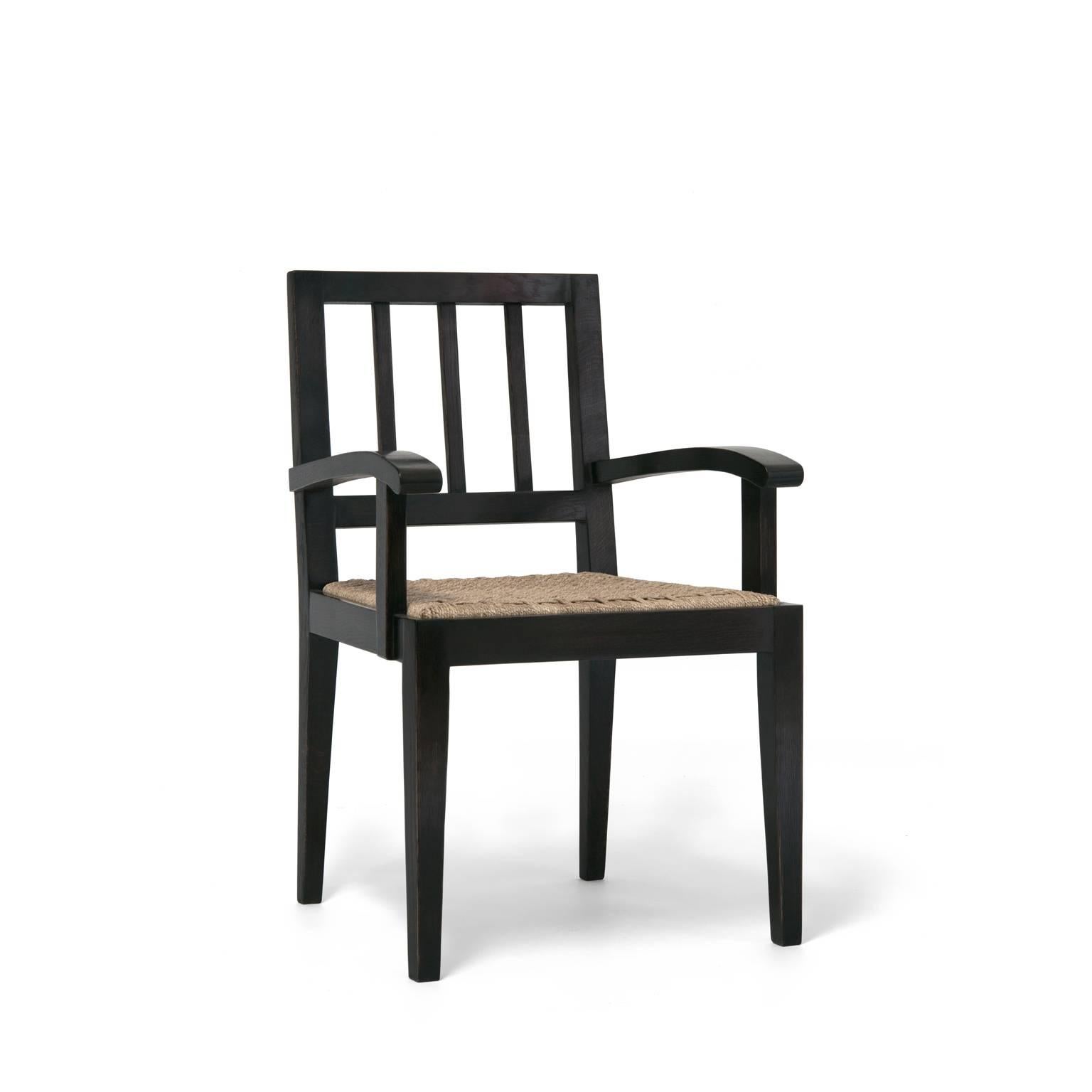 Atelier Demiurge Collection Mercer Armchair shown in oak with antique ebonized finish. Inquire for finish and customization options. As shown or COM 1 yard.

Atelier Demiurge Collection pieces are made to order, and custom sizes are available.
