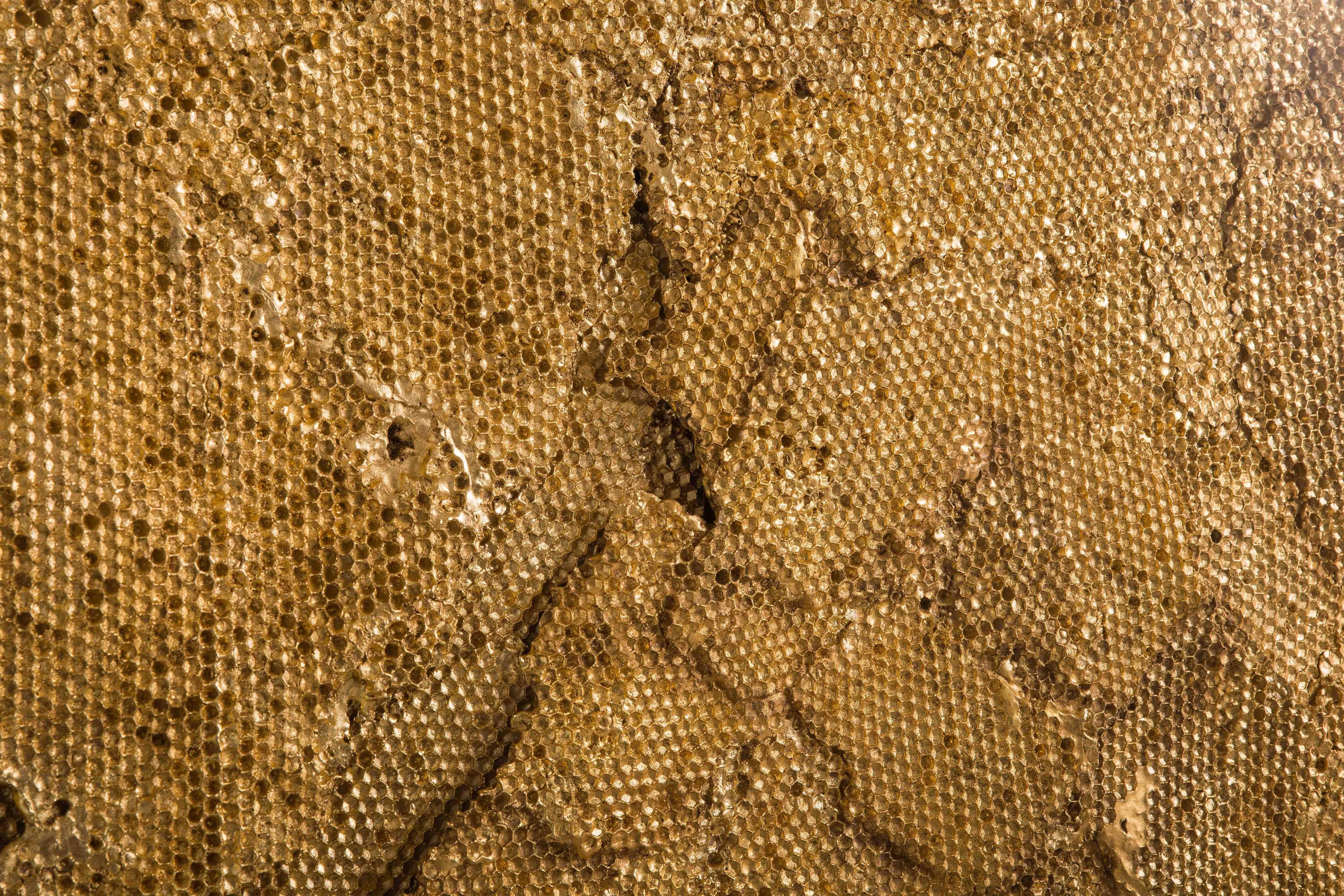 Tapestry, 2016, a large-scale wall hanging is constructed of deeply faceted overhanging layers of plaster honeycomb, gilded and highly patinated. The substantial overlapping layers of the work gently hang giving the work the feeling of fragments of
