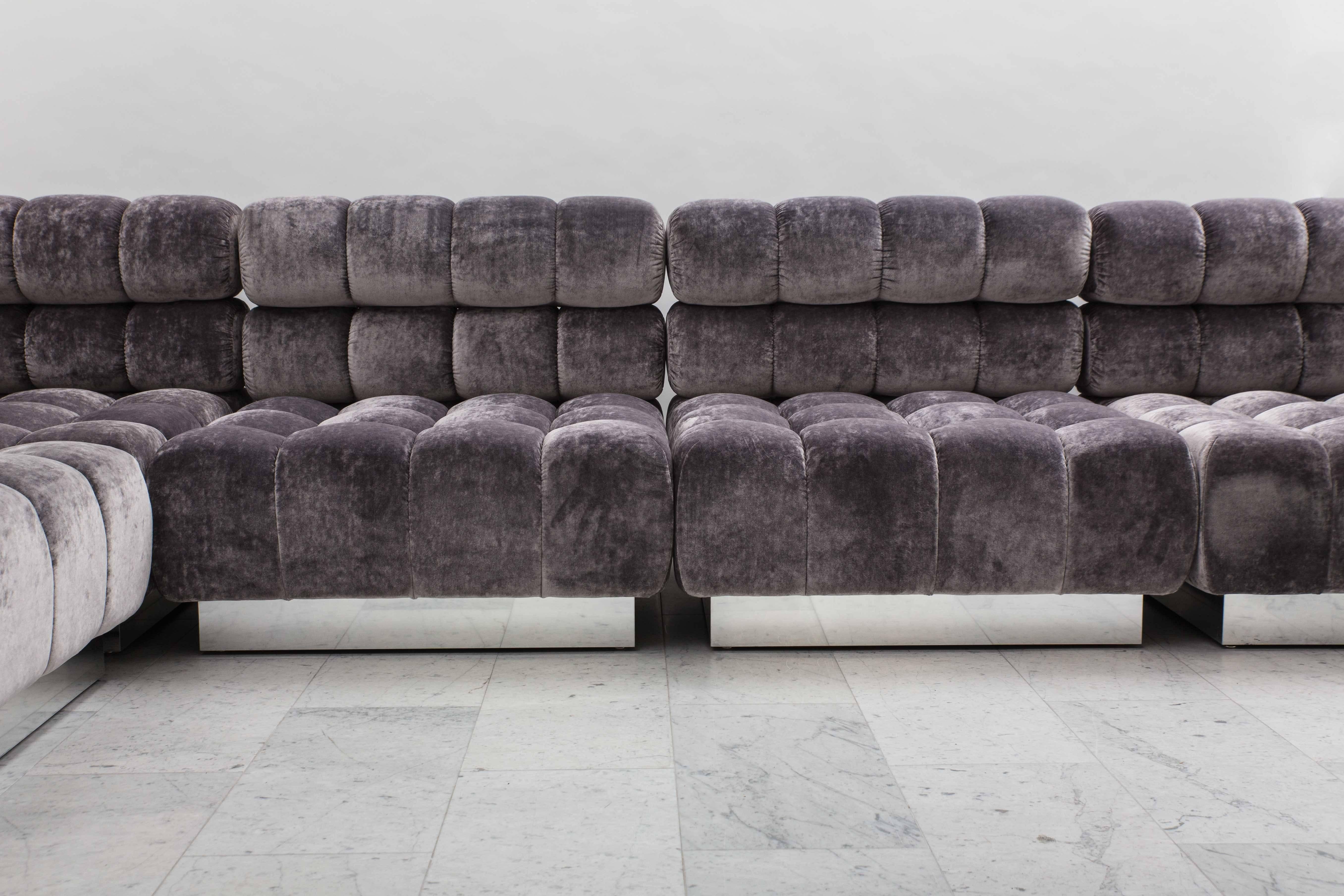 The Todd Merrill custom originals tufted sectional is an elegant, comfortable and versatile seating group available on a commission order basis. The double is the tallest style available, featuring a unique double tufted layered back.

Each square