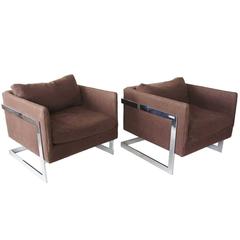 Pair of American Milo Baughman T-Back Nickel Finish 989 Lounge Chairs