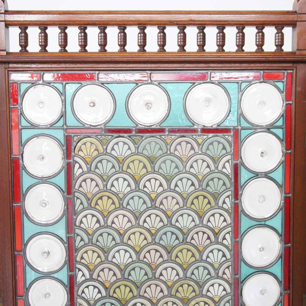 English Cox & Sons Arts and Crafts Stained Glass and Walnut Fireplace Screen 2