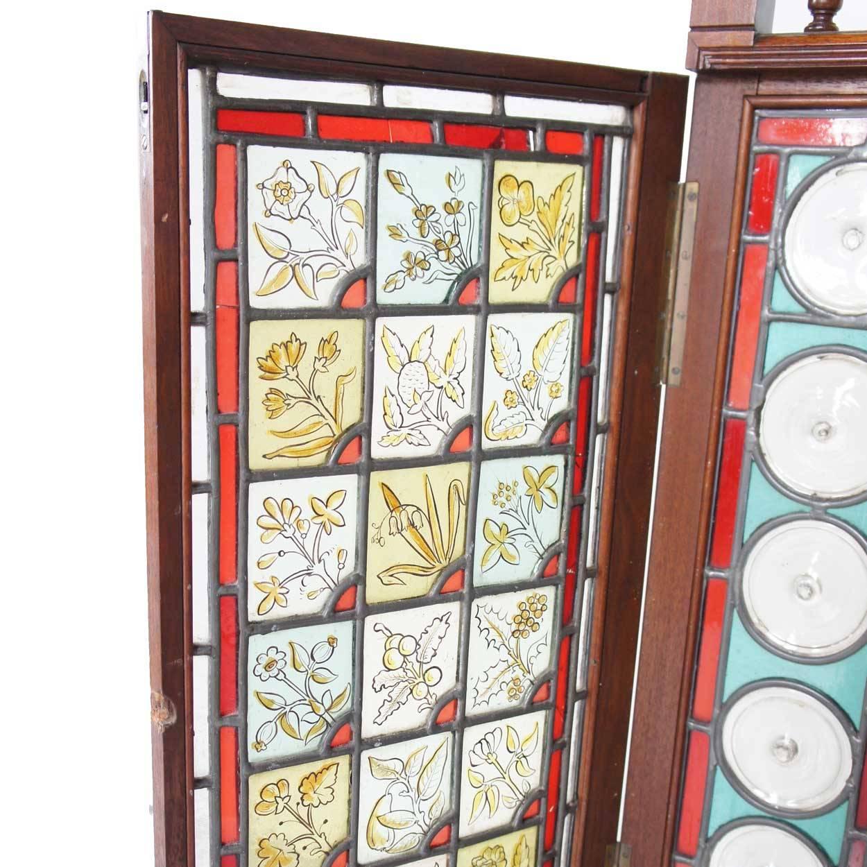 Early 20th Century English Cox & Sons Arts and Crafts Stained Glass and Walnut Fireplace Screen