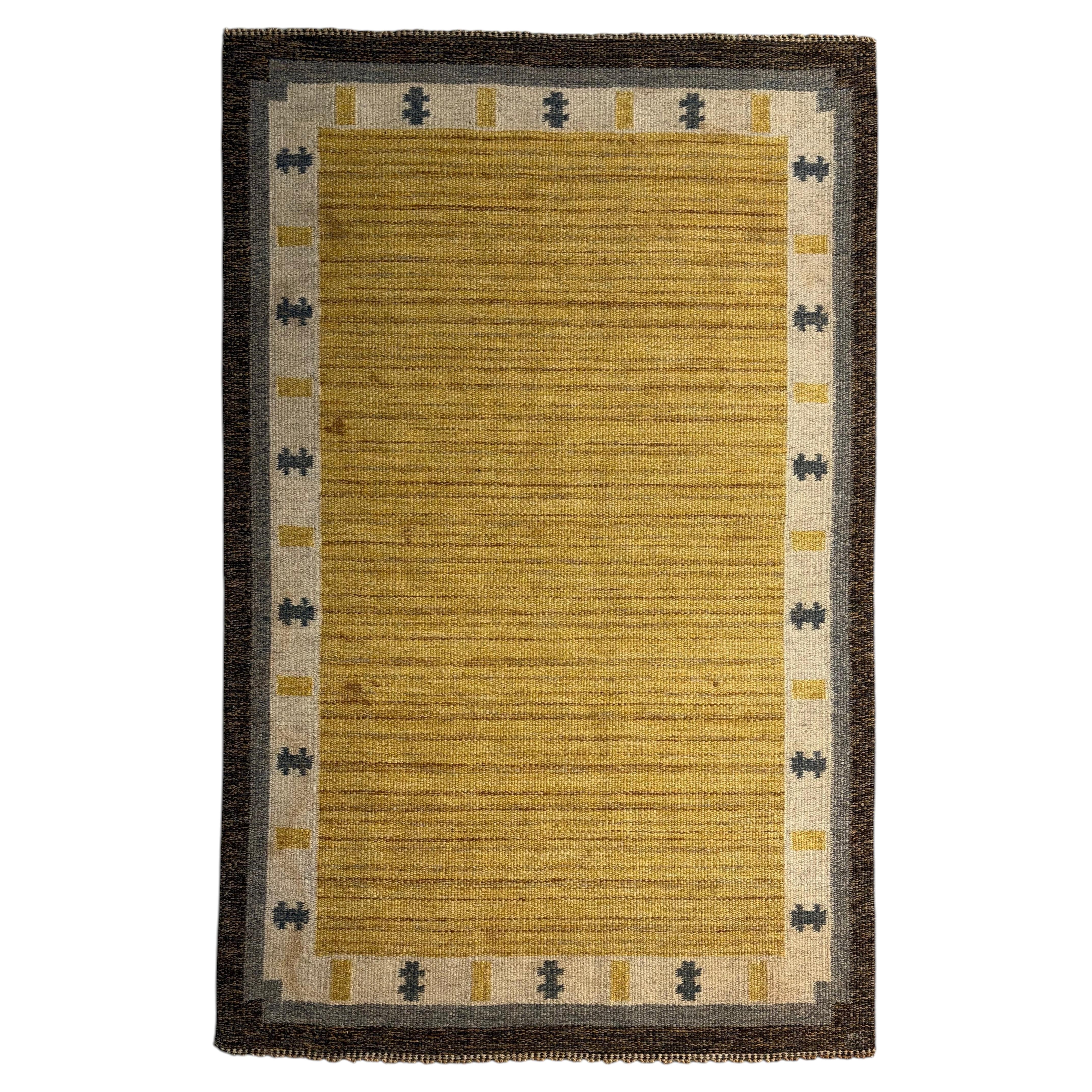 Rare signed Ingegerd Silow Pure Wool Rölakan Flatweave Rug, Sweden 1950s