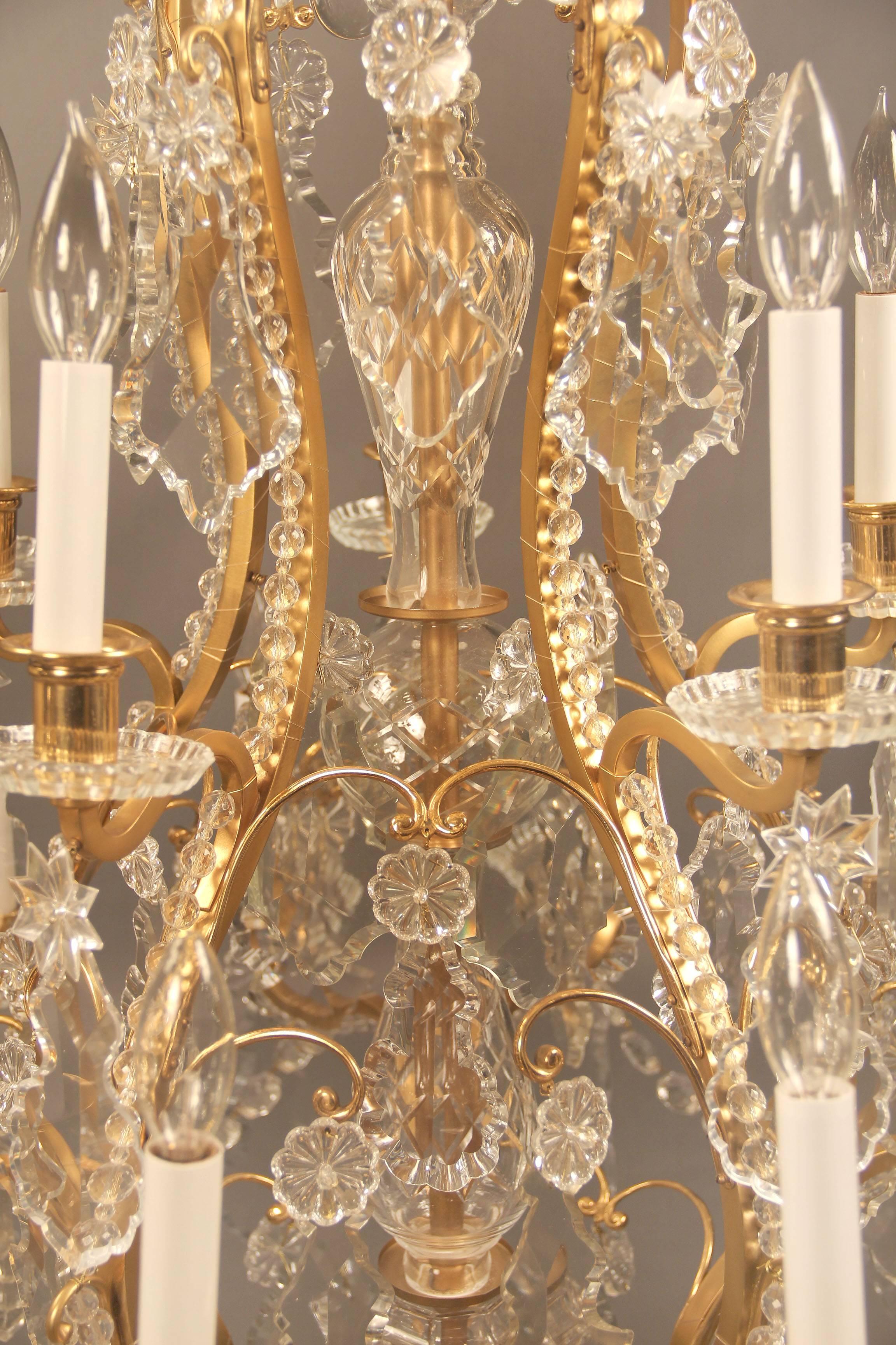  Late 19th Century Gilt Bronze and Baccarat Crystal Fifteen-Light Chandelier In Good Condition For Sale In New York, NY