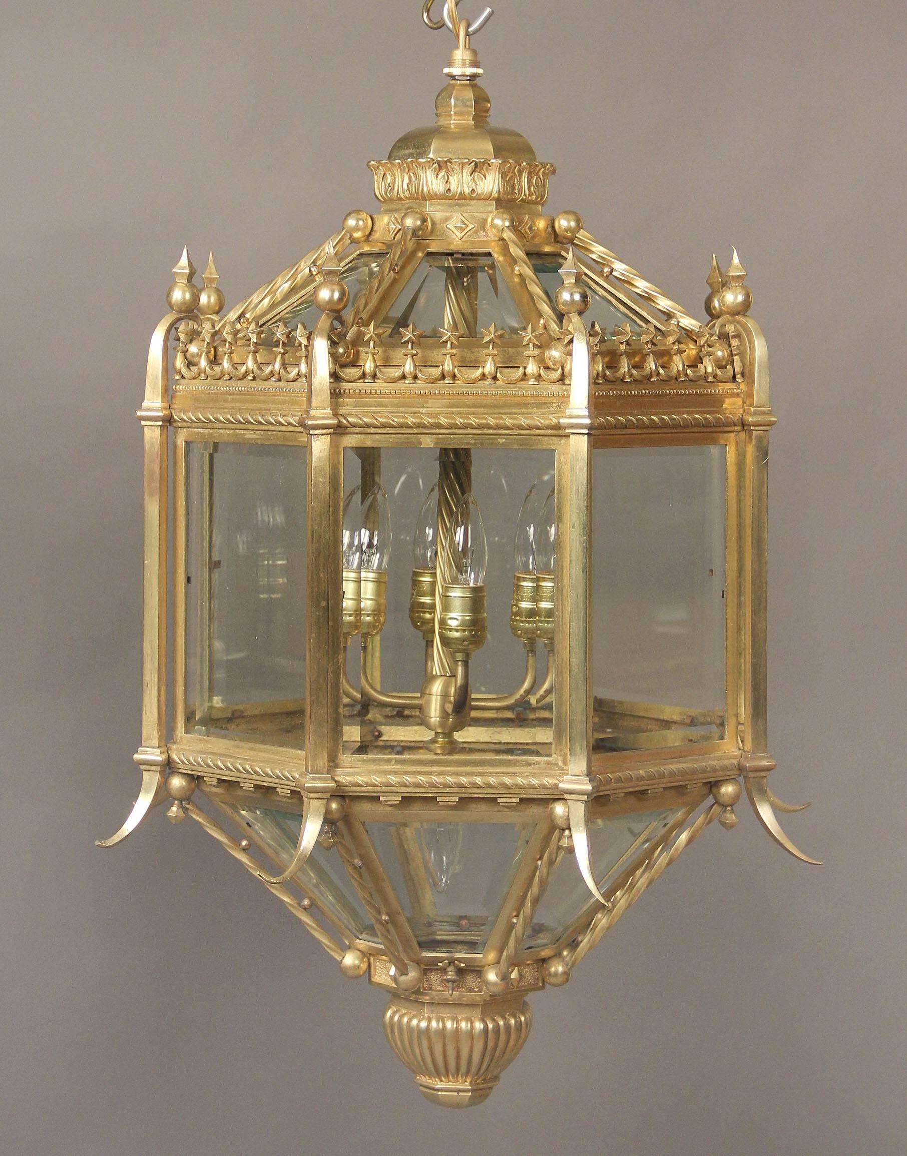Belle Époque Fine Pair of Late 19th Century Gilt Bronze Five-Light Lanterns For Sale