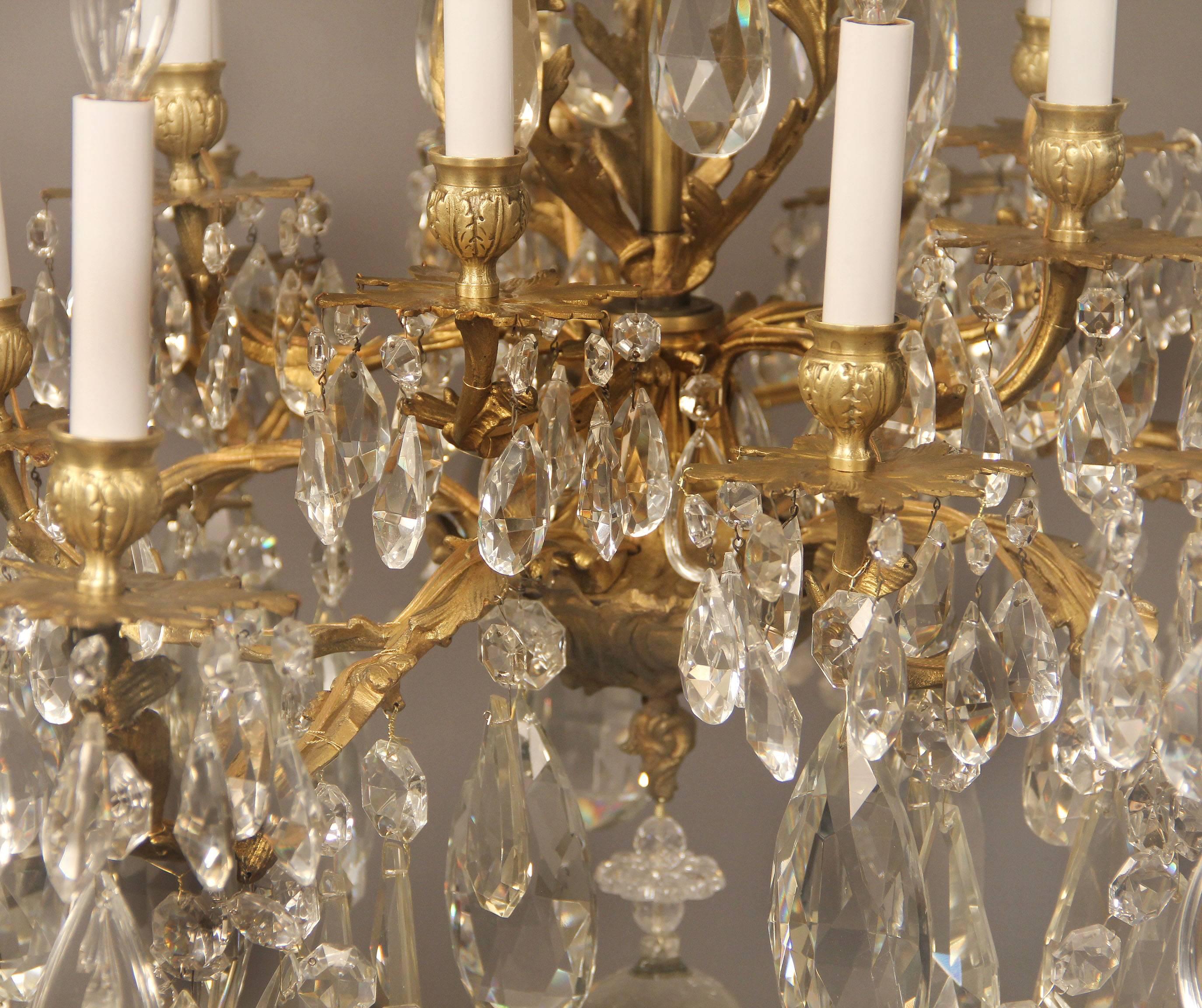 French Nice Late 19th Century Gilt Bronze and Cut Crystal Fifteen-Light Chandelier