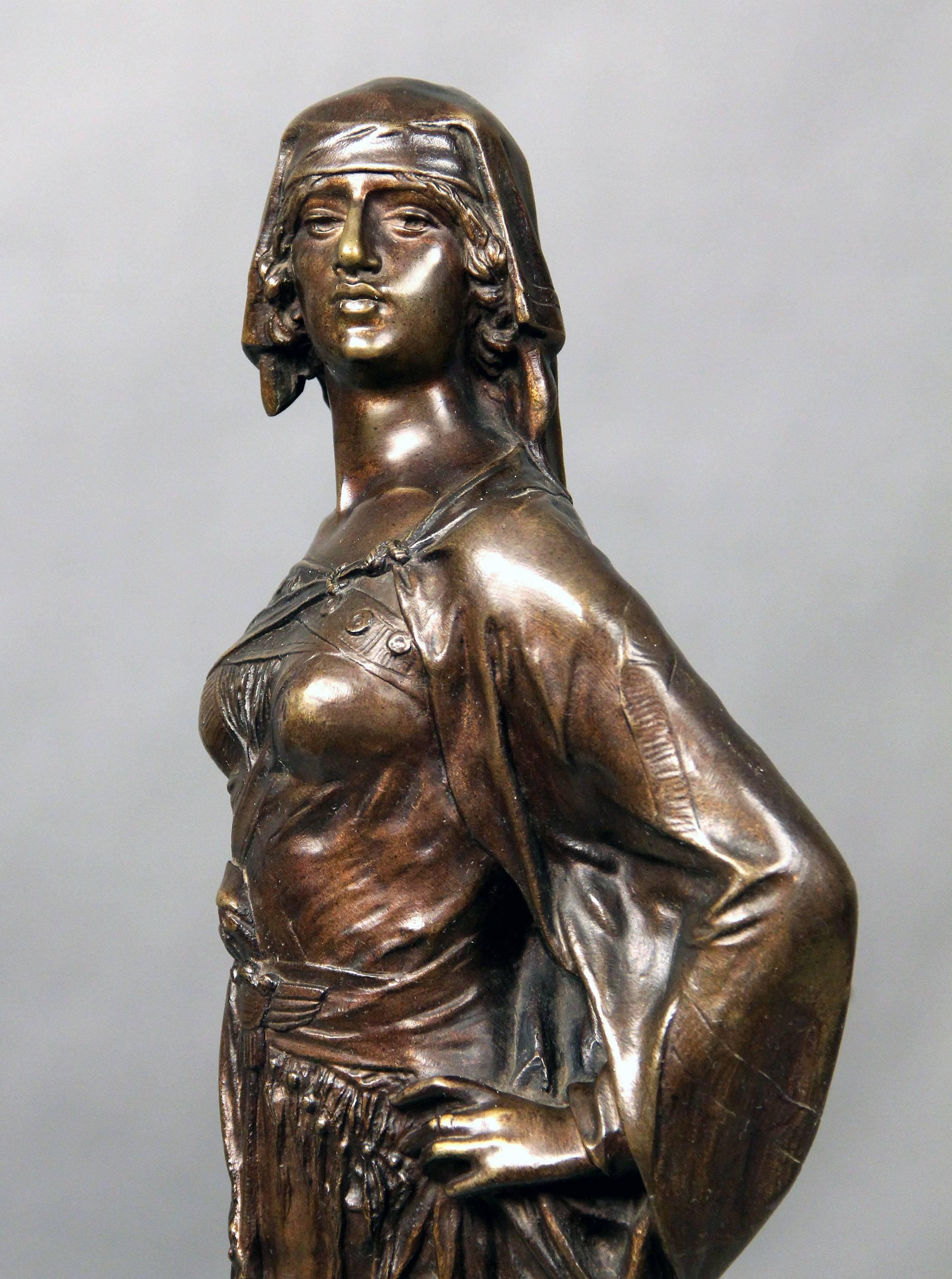 Late 19th century bronze sculpture of a female warrior with sword

Signed E Drouot

Edouard Drouot was born in Sommevoire in the Haut Marne region on 3rd April 1859. Early in his career, Drouot was a successful painter, in addition to his