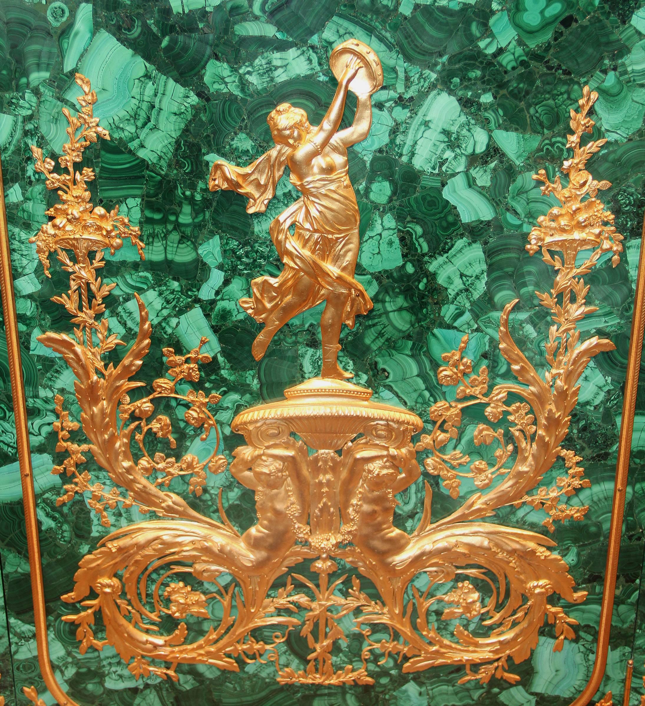 French Early 20th Century Gilt Bronze-Mounted Malachite Vitrine Cabinet