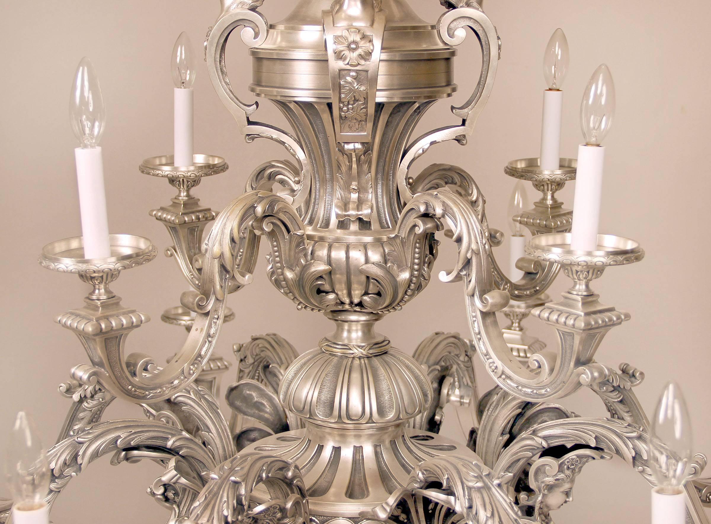 French Fantastic Late 19th Century Silvered Bronze Twelve-Light Chandelier For Sale