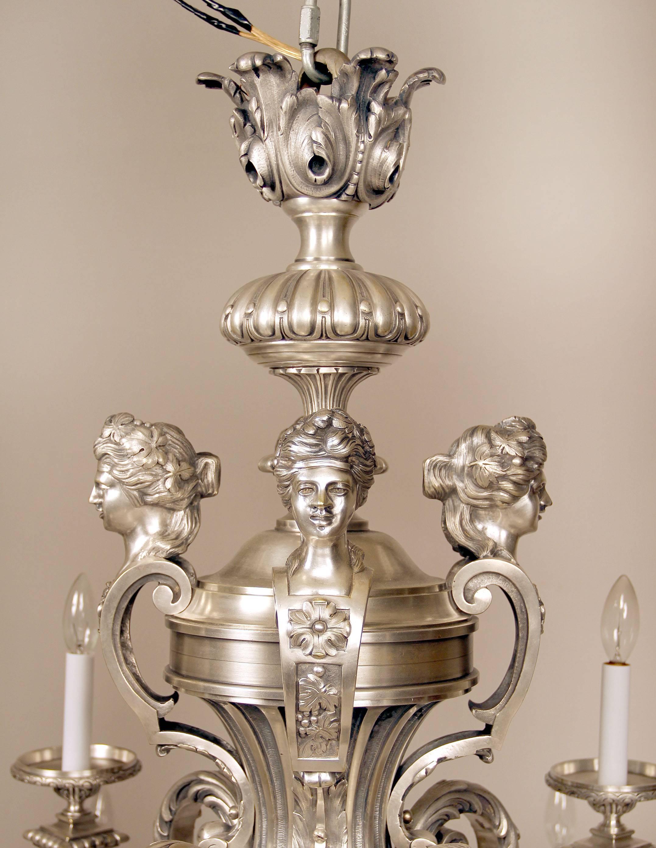 Belle Époque Fantastic Late 19th Century Silvered Bronze Twelve-Light Chandelier For Sale