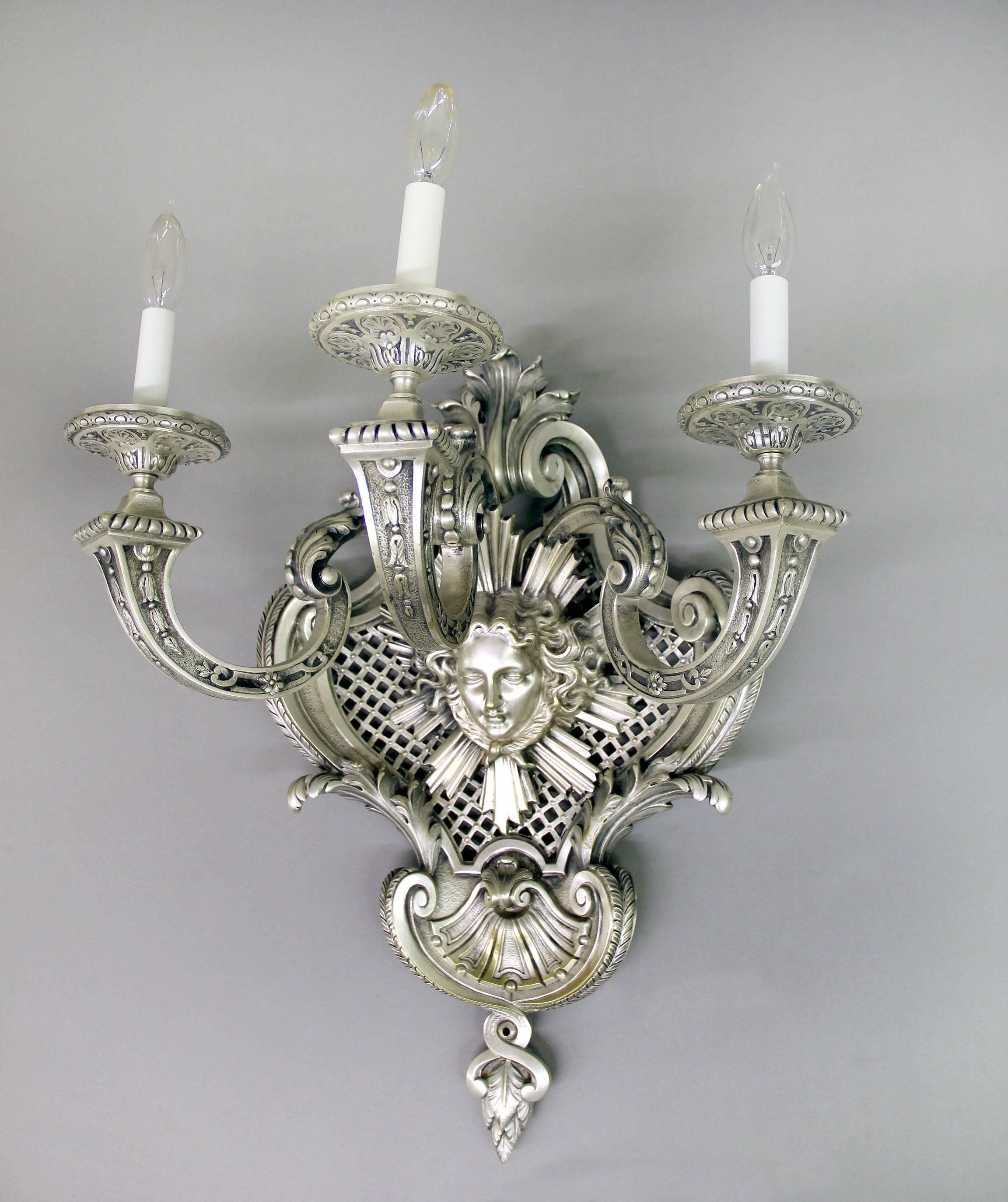 Belle Époque Very Fine Pair of Late 19th Century Silvered Bronze Three-Light Sconces For Sale