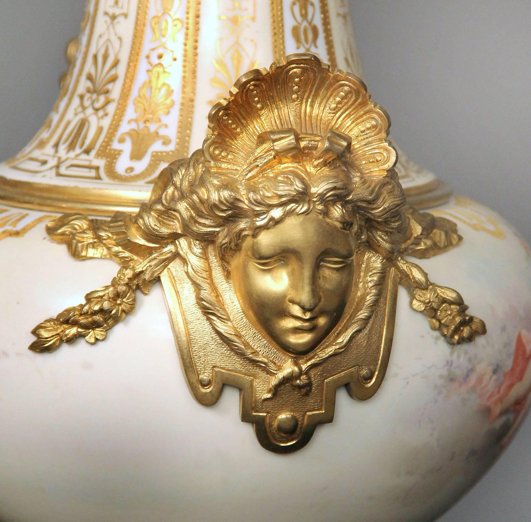 French Beautiful Pair of Late 19th Century Gilt Bronze, Enamel and Sèvres Style Vases For Sale