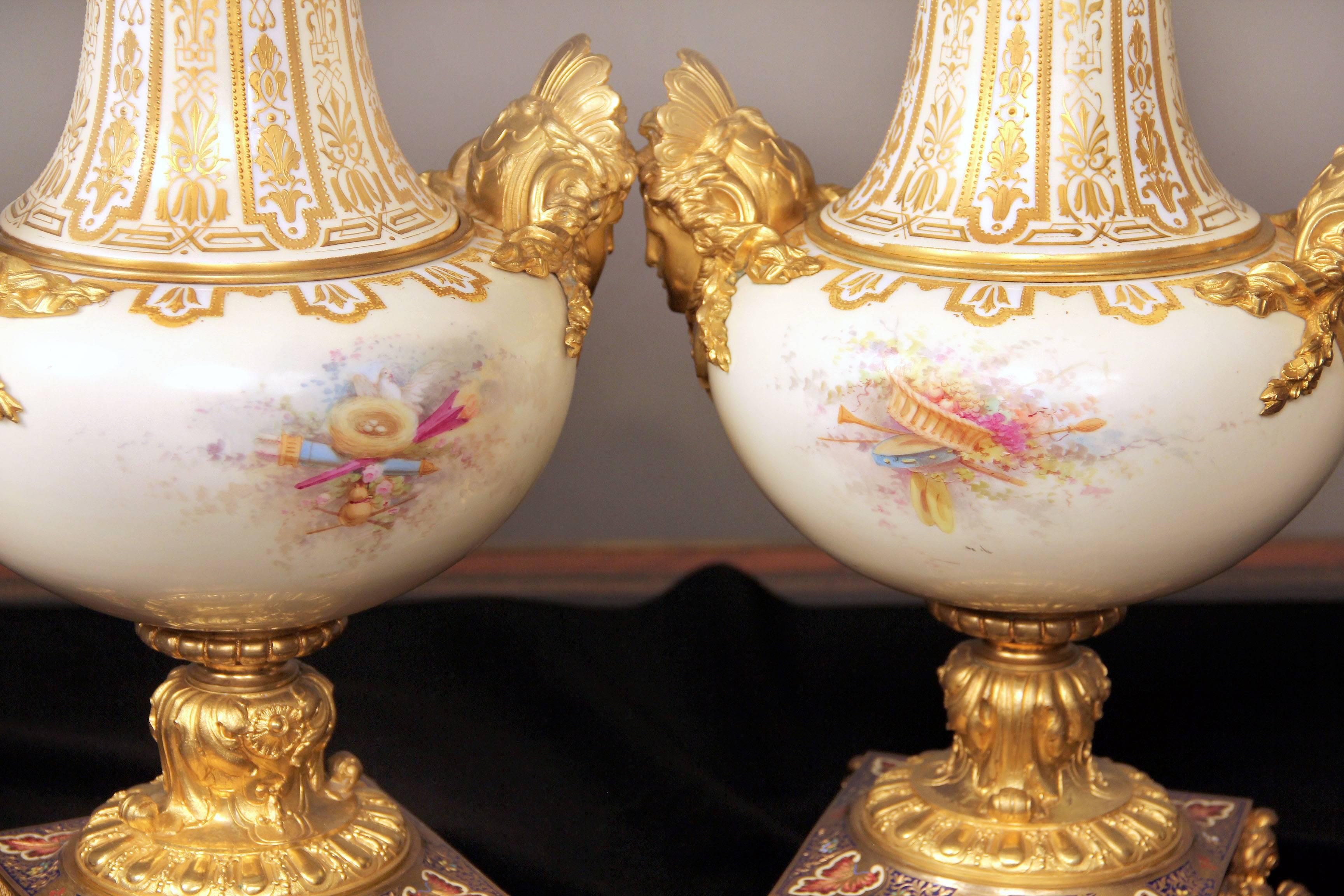 Belle Époque Beautiful Pair of Late 19th Century Gilt Bronze, Enamel and Sèvres Style Vases For Sale