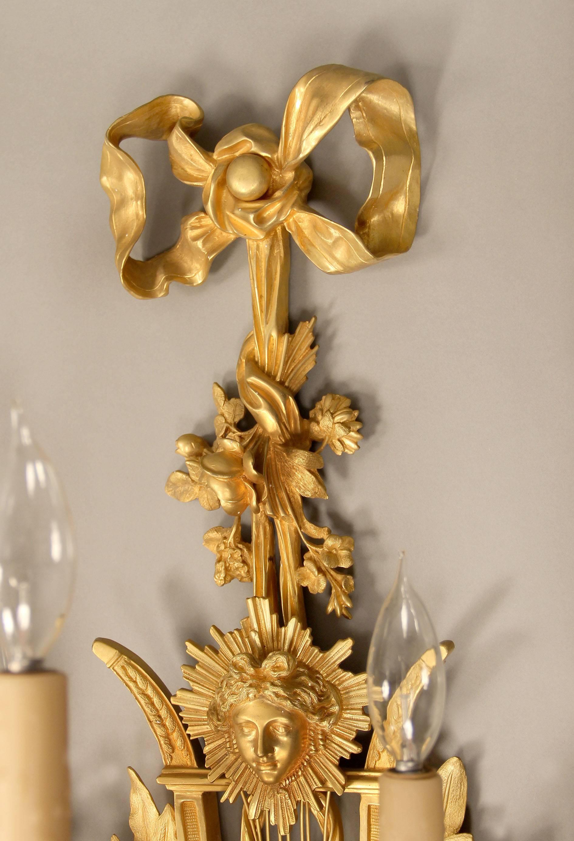 French Large and Elaborate Pair of Early 20th Century Gilt Bronze Five-Light Sconces For Sale