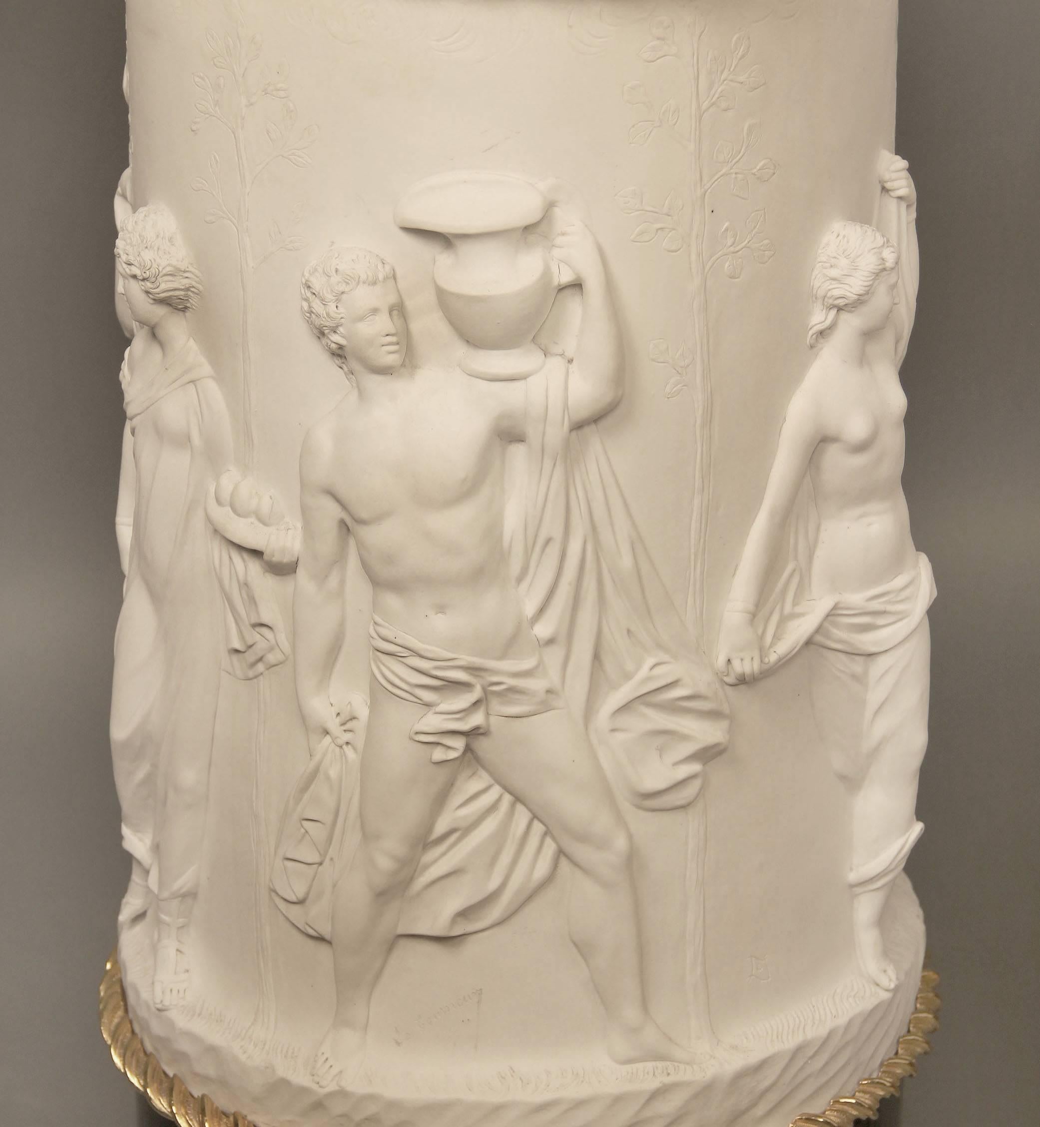 Belle Époque Pair of Late 19th Century Gilt Bronze-Mounted Sèvres Biscuit Porcelain Pedestals