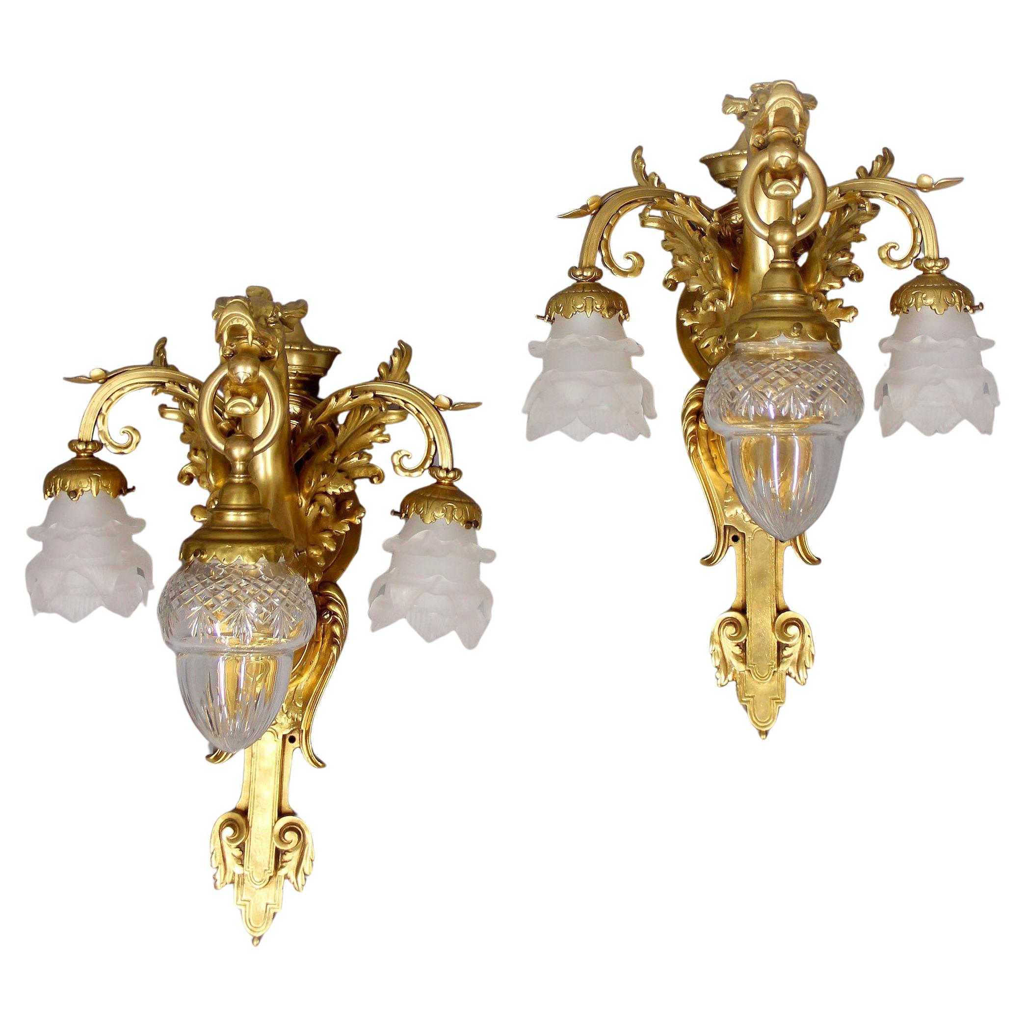 Interesting Pair of Late 19th Century Gilt Bronze Three-Light Dragon Sconces