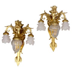 Interesting Pair of Late 19th Century Gilt Bronze Three-Light Dragon Sconces