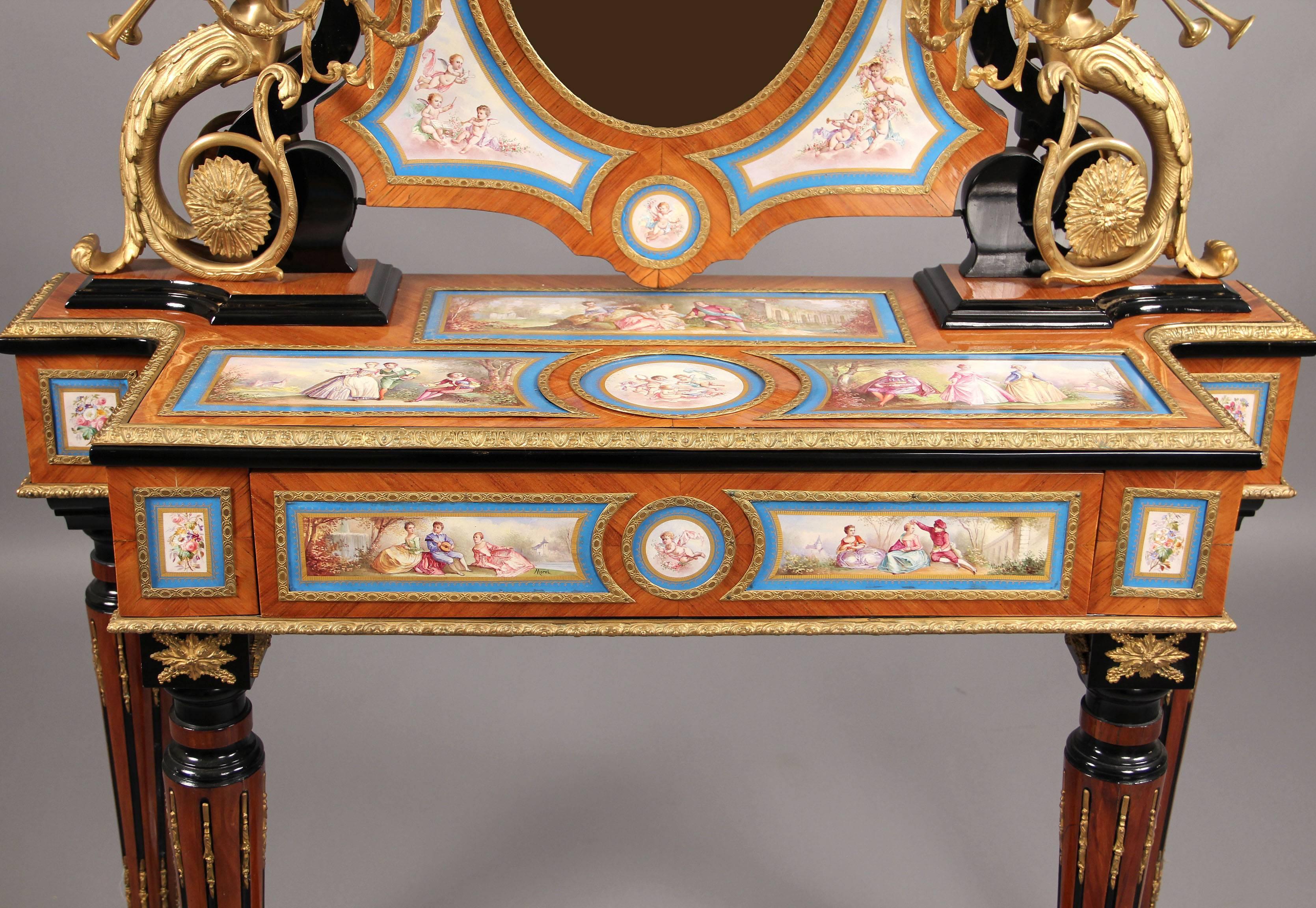 French Beautiful Late 19th Century Gilt Bronze and Sevres Style Dressing Table For Sale