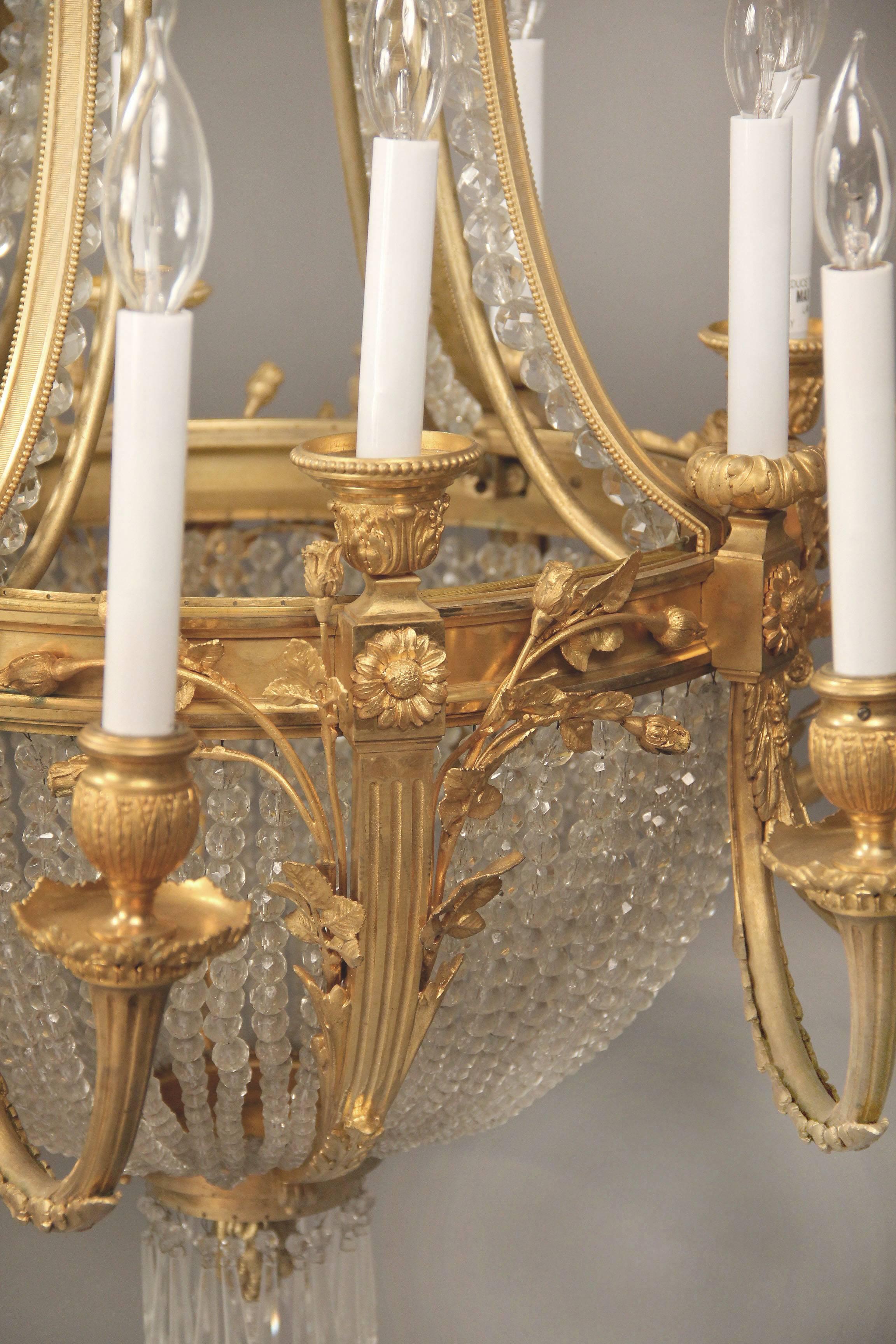 Wonderful Late 19th Century Gilt Bronze and Beaded Chandelier In Good Condition For Sale In New York, NY