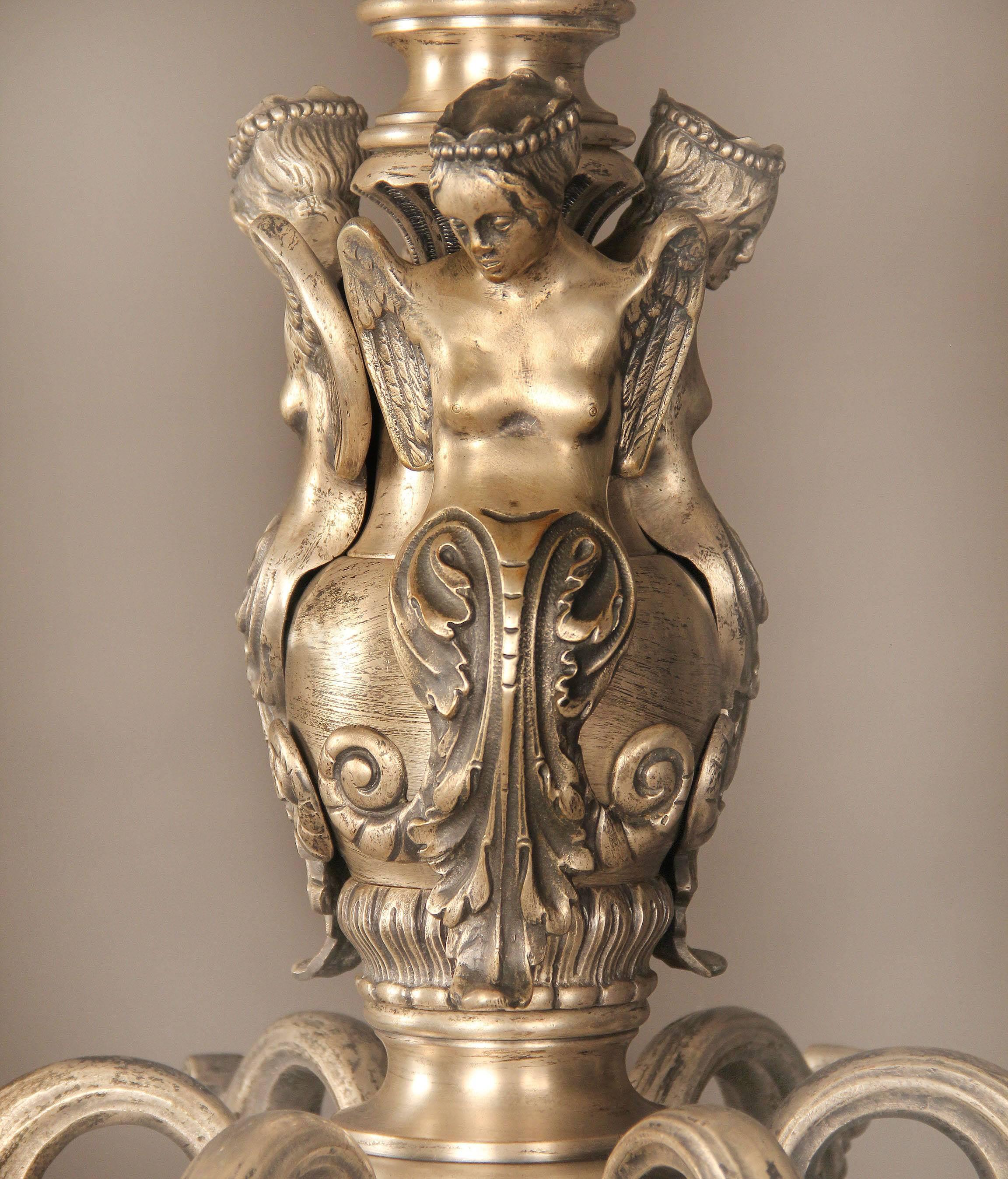Belle Époque Lustre à seize lumières en bronze argenté et albâtre de la fin du XIXe siècle en vente