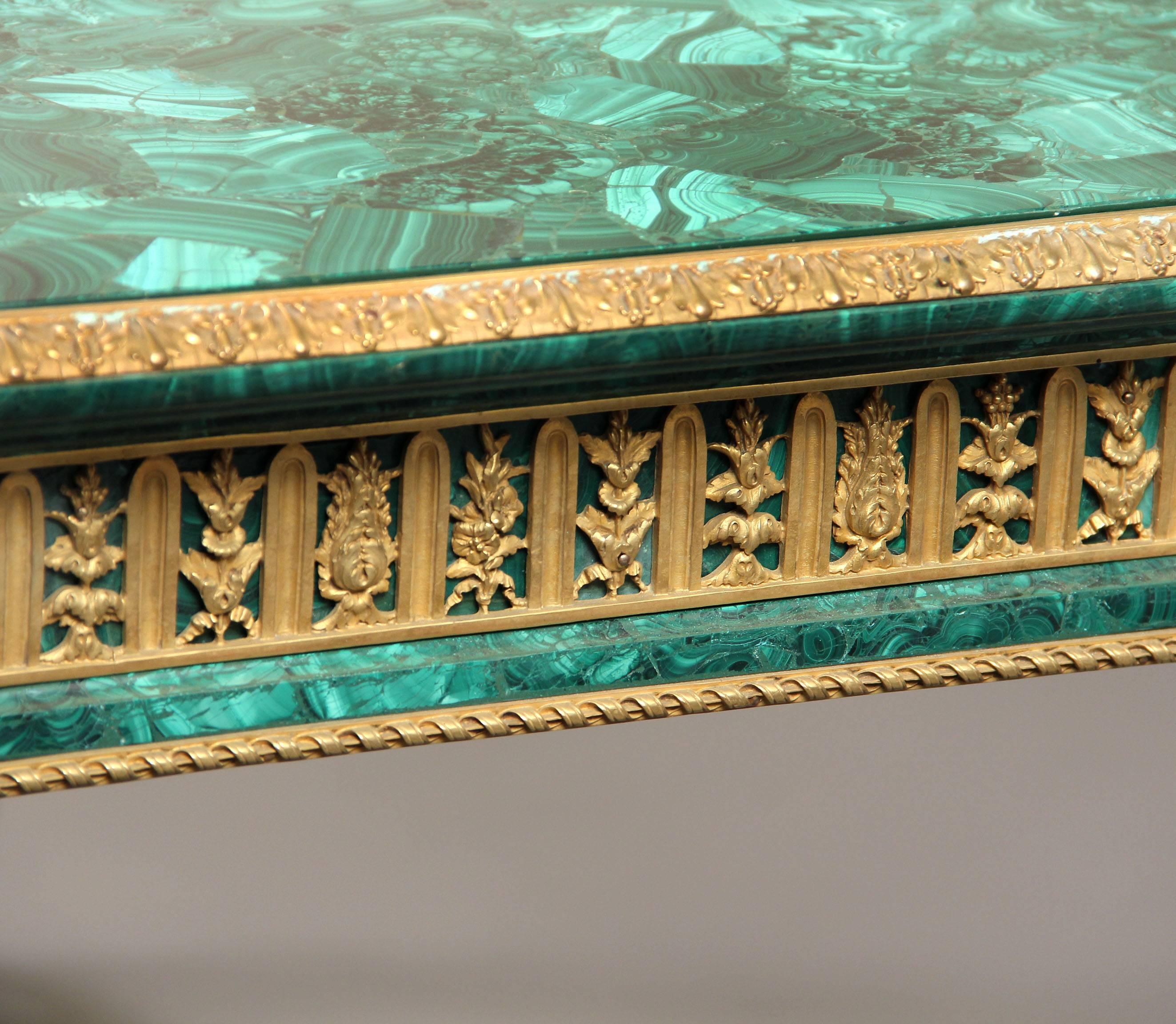 French  Late 19th Century Gilt Bronze Mounted Malachite Center Table by Henry Dasson