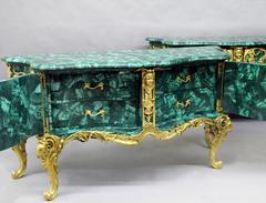 Pair of Late 19th-Early 20th Century Gilt Bronze-Mounted Malachite Commodes