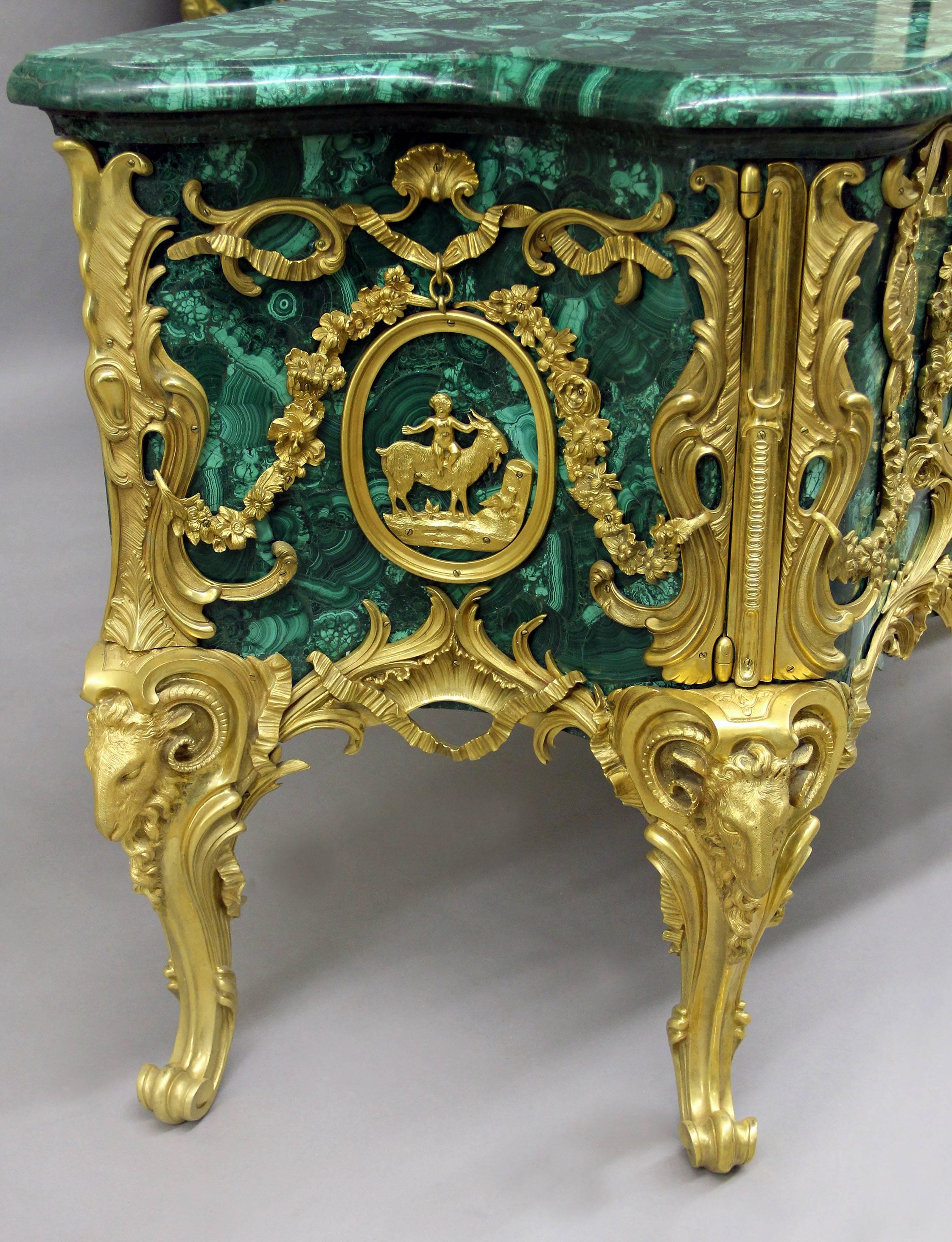 Pair of Late 19th-Early 20th Century Gilt Bronze-Mounted Malachite Commodes 1