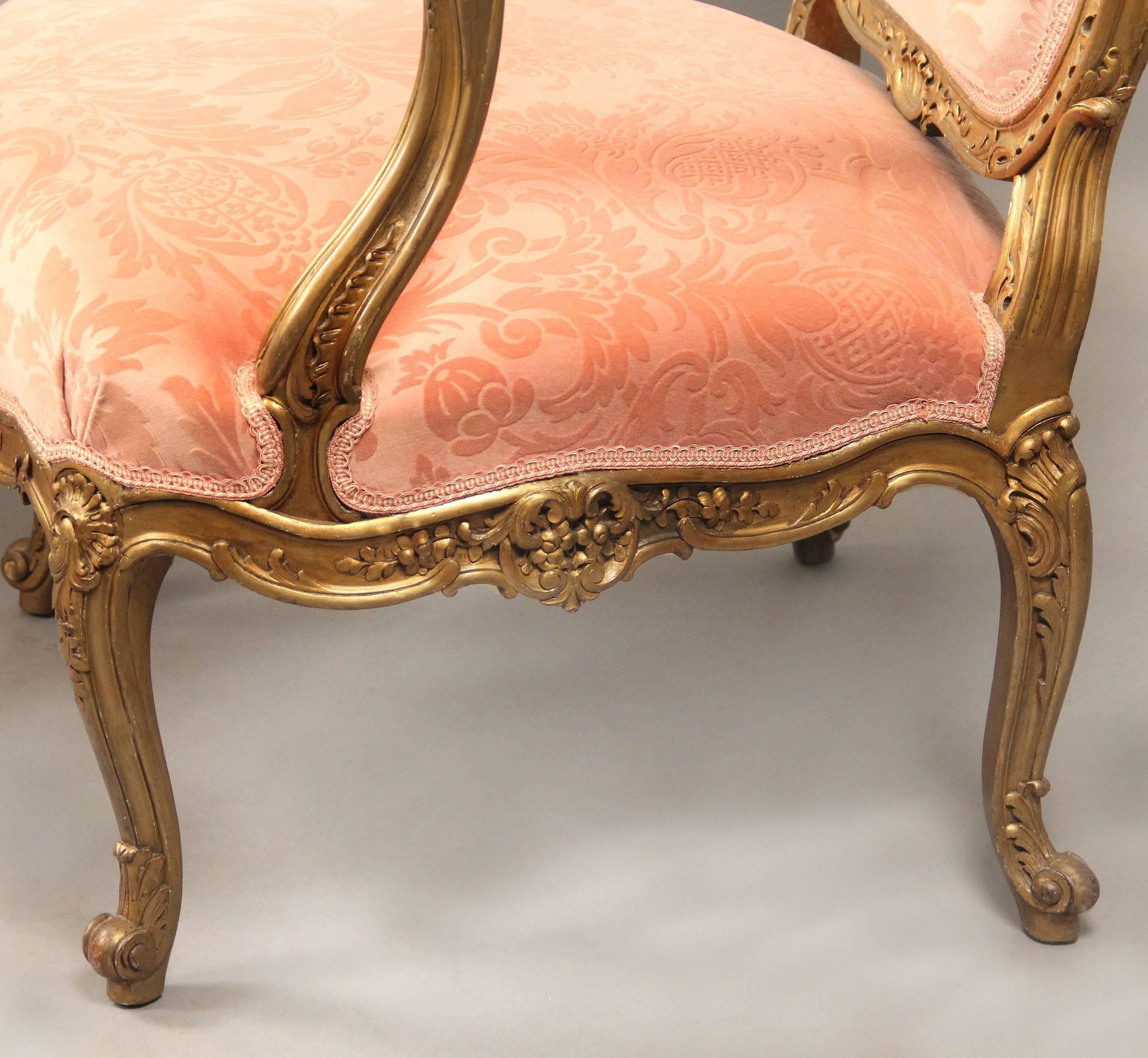 French Exquisite Pair of Late 19th Century Louis XV Style Giltwood Armchairs