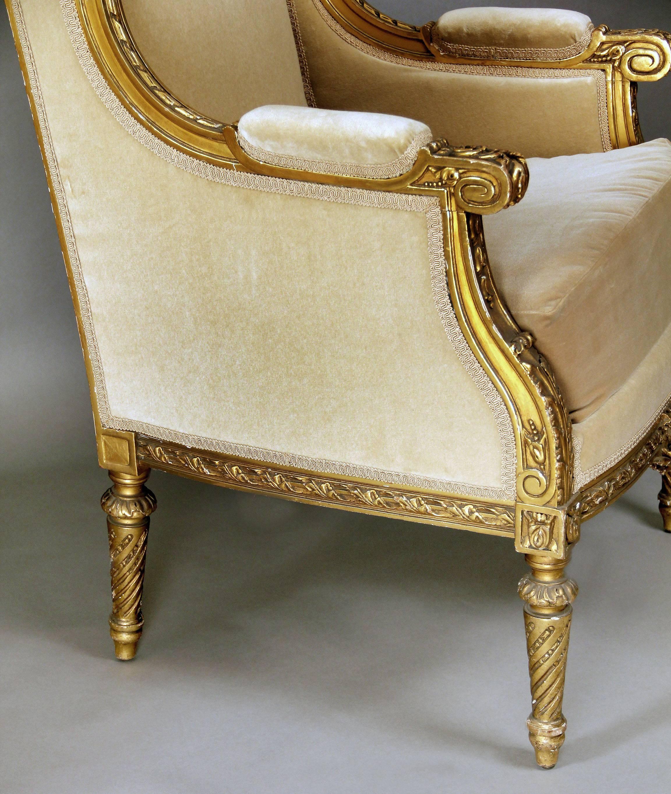 French Important Pair of Late 19th Century Louis XVI Style Giltwood Bergères