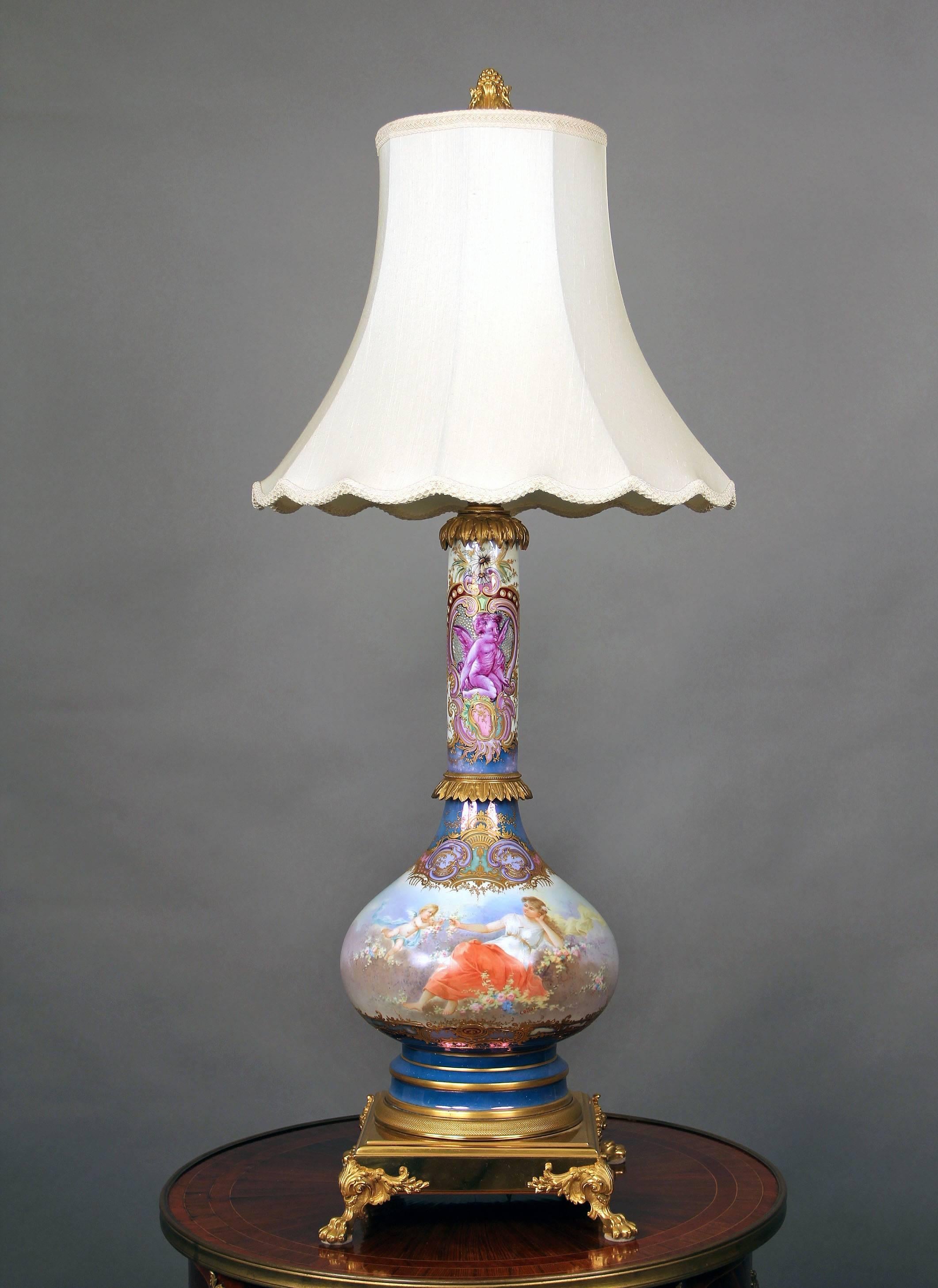 Beautiful Late 19th Century Gilt Bronze-Mounted Sèvres Style Porcelain Lamp In Good Condition For Sale In New York, NY