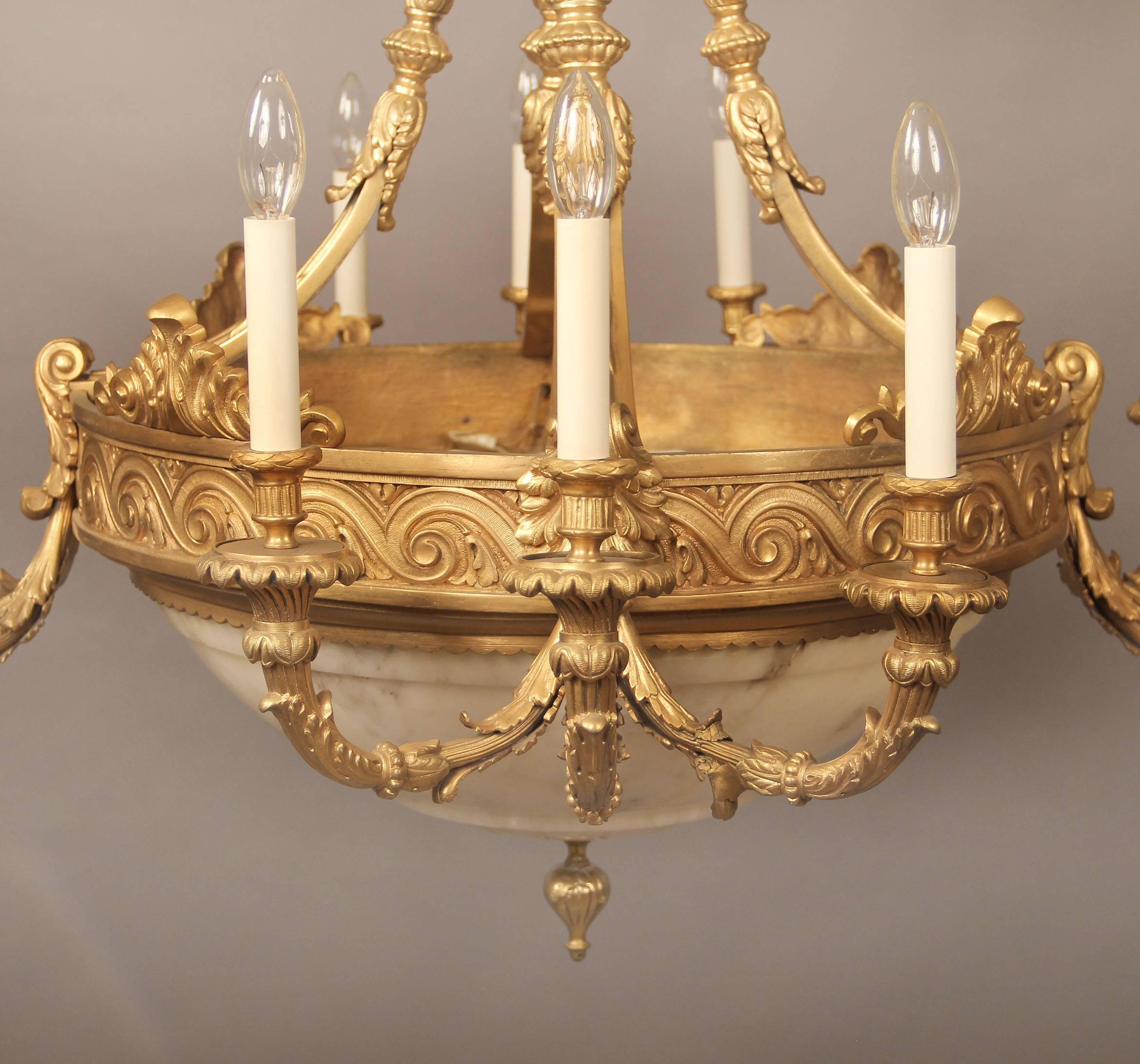 French Fine Late 19th Century Gilt Bronze and Alabaster Chandelier