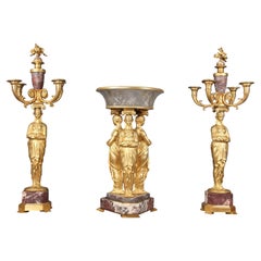 Fantastic 19th Century Empire Style Gilt Bronze and Marble 3 Piece Garniture