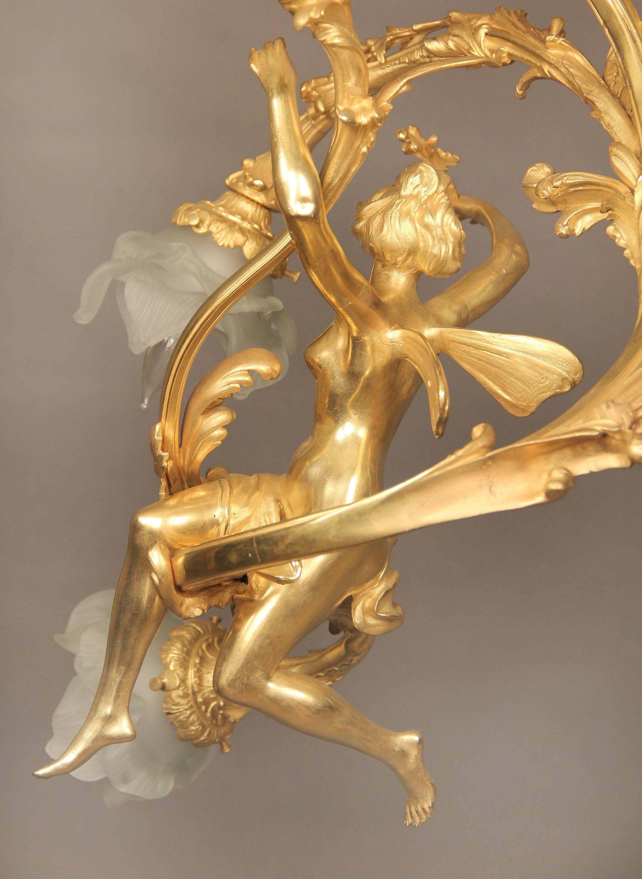 Belle Époque Stylish Early 20th Century Gilt Bronze Four-Light Chandelier