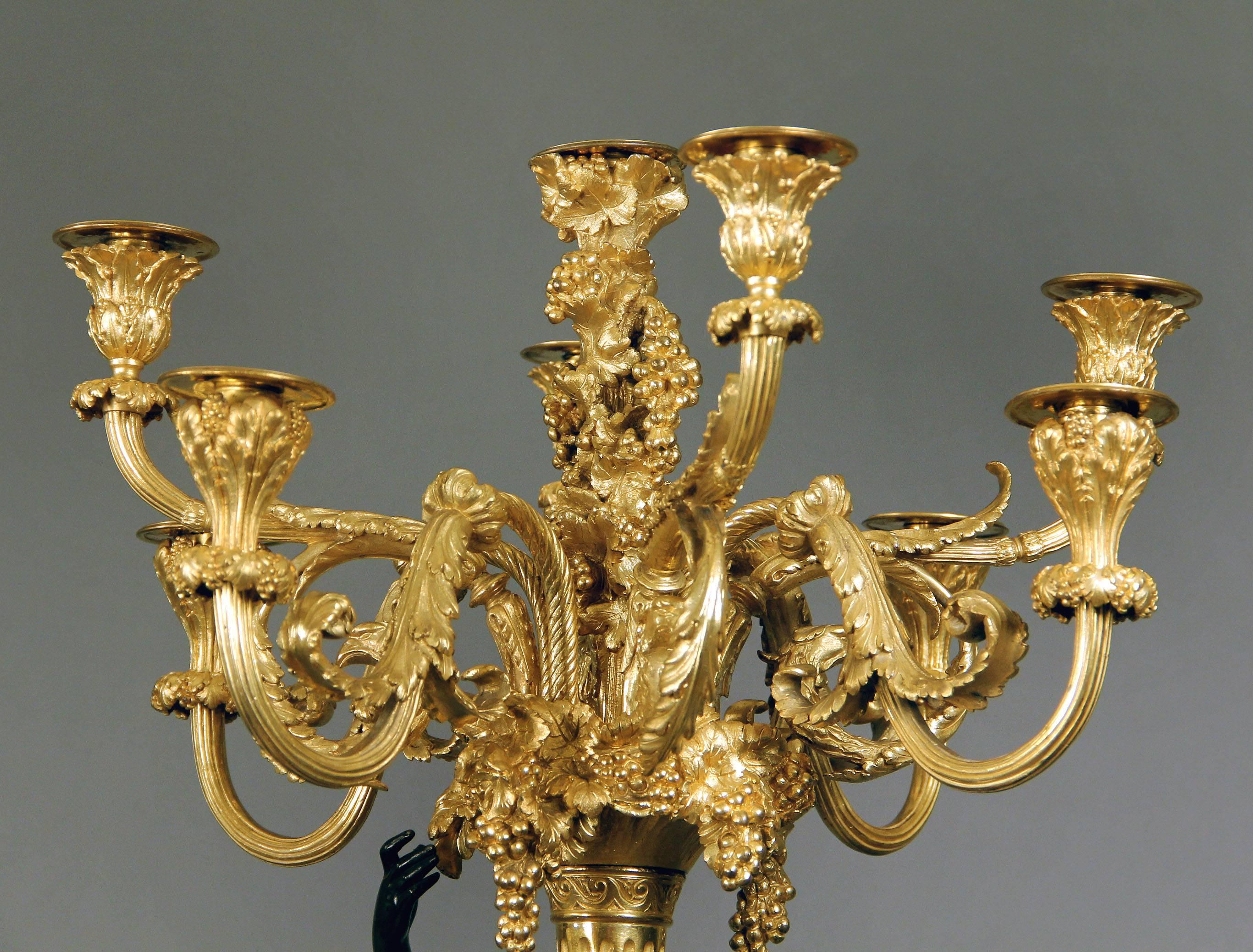 Wonderful Pair of Late 19th Century Two Tone Bronze Candelabra after Clodion In Good Condition For Sale In New York, NY