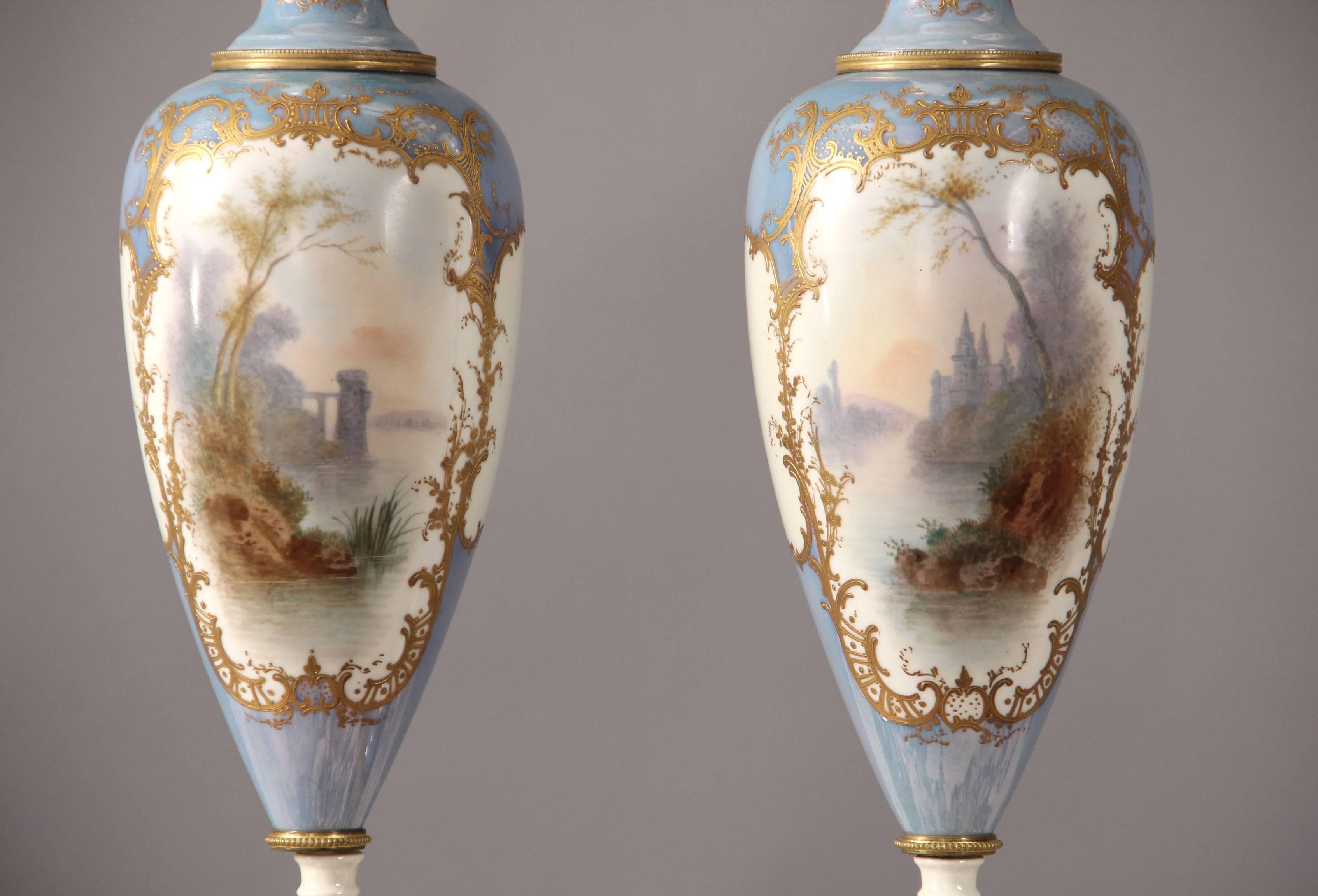French Pair of Late 19th Century Bronze-Mounted Sèvres Style Iridescent Vases For Sale
