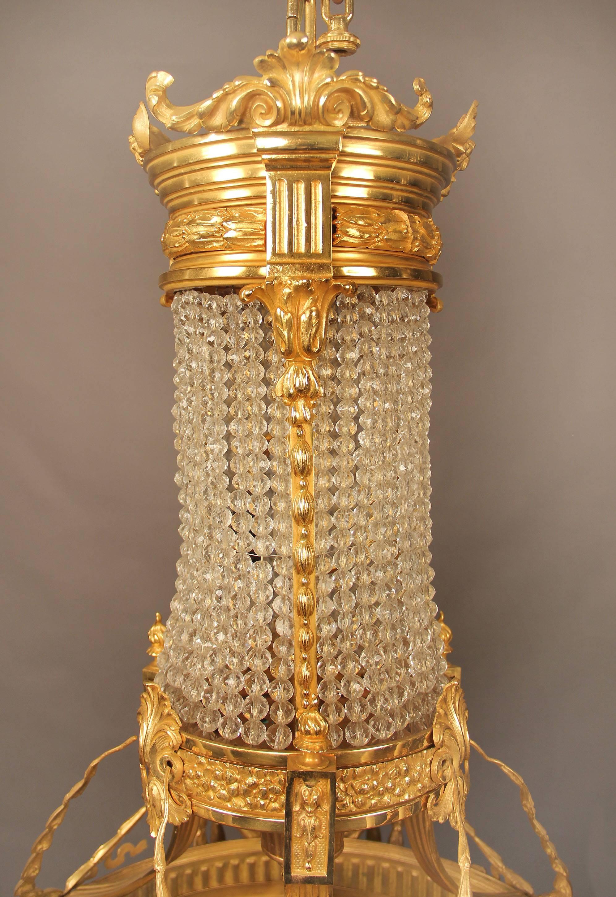 French  Interesting Late 19th Century Gilt Bronze and Crystal Basket Chandelier For Sale