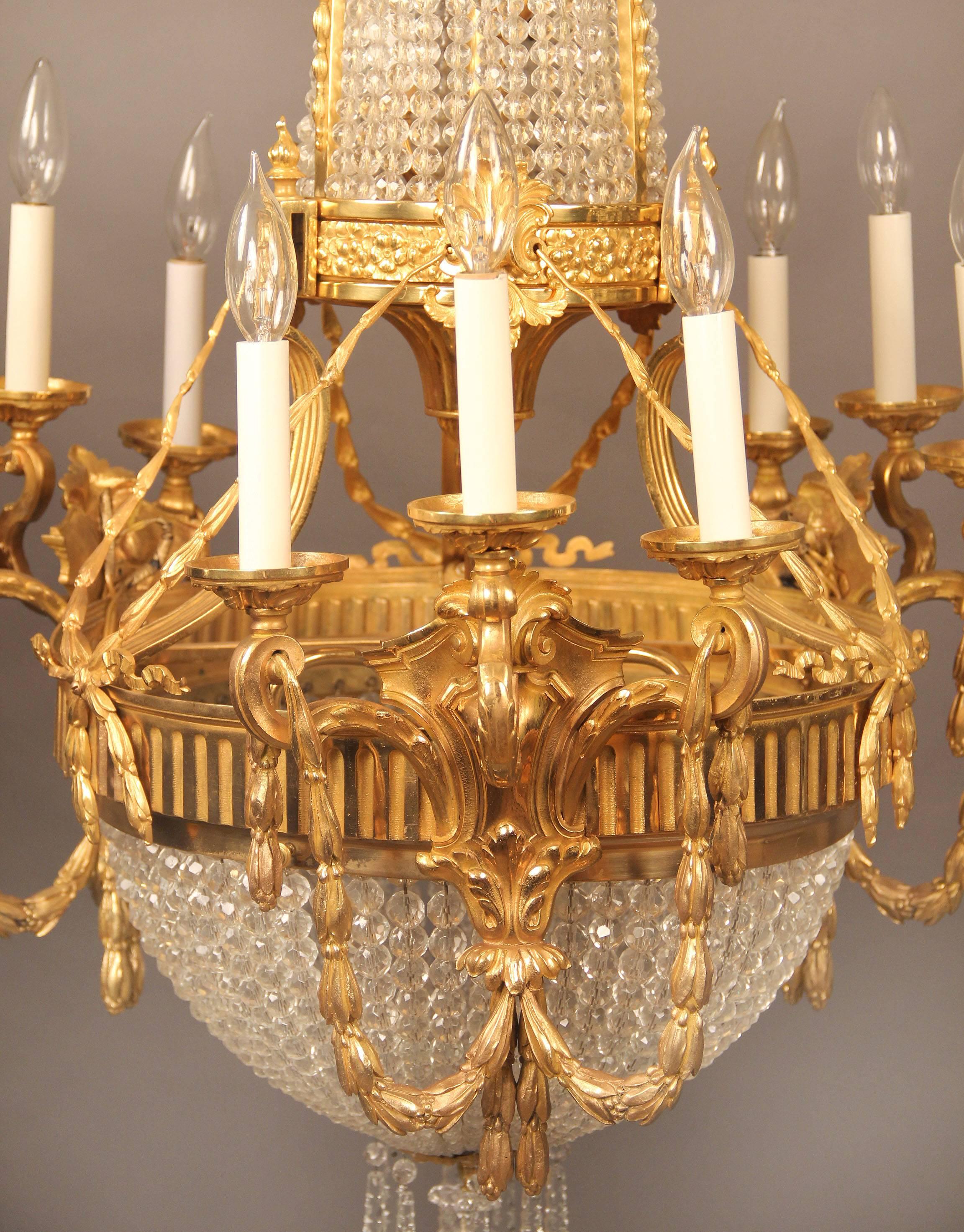  Interesting Late 19th Century Gilt Bronze and Crystal Basket Chandelier In Good Condition For Sale In New York, NY