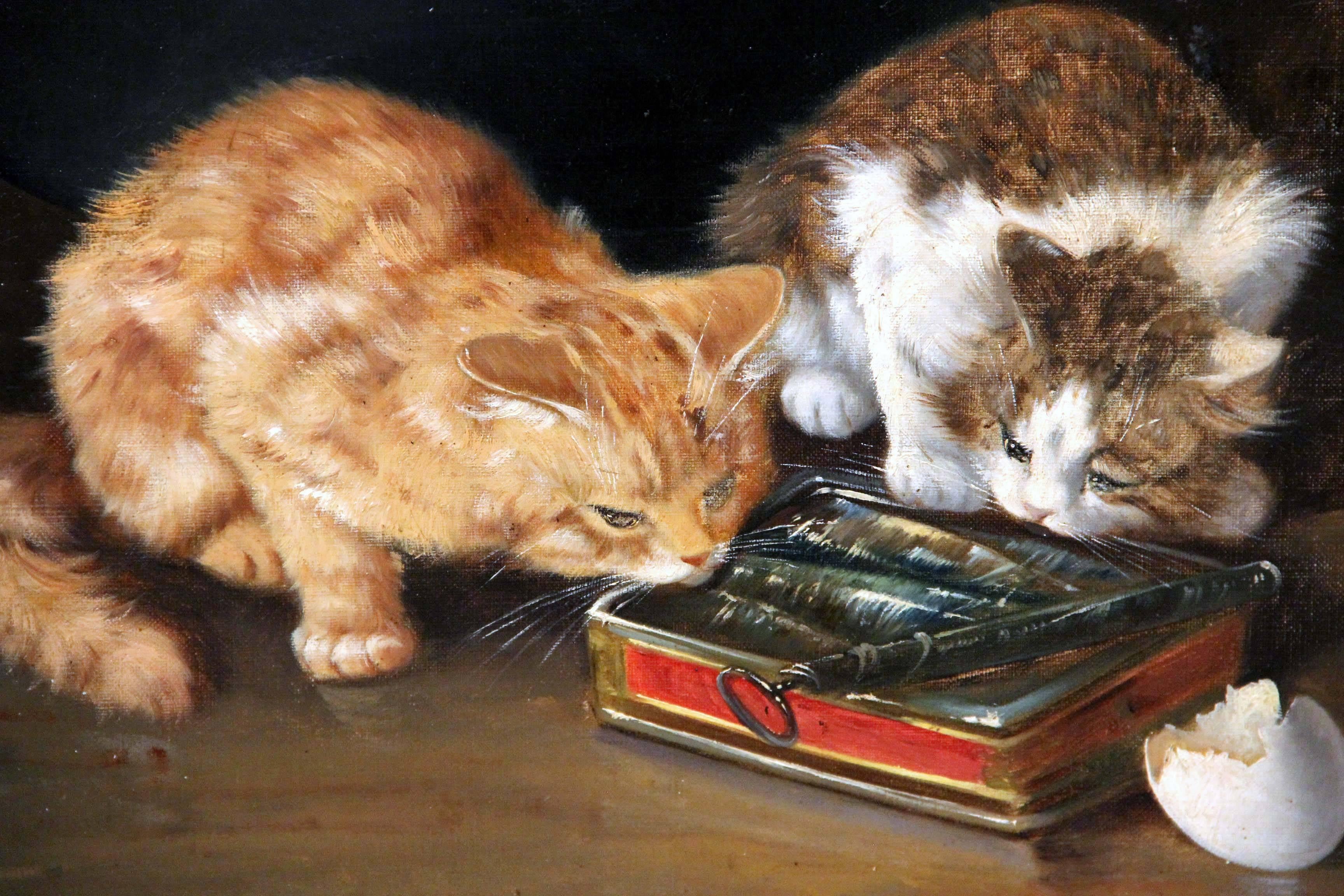 Dipinto a mano Bellissima coppia di dipinti di gattini della fine del XIX-inizio del XX secolo di F. Krantz in vendita