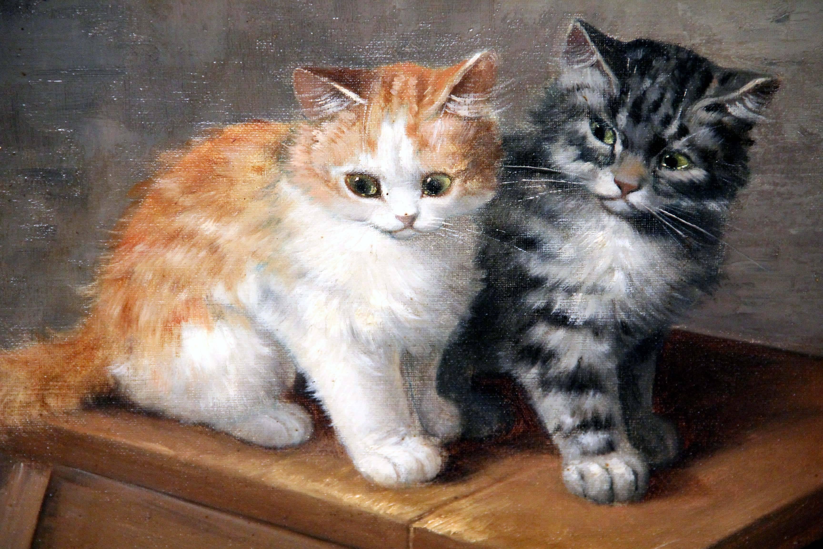 Magnifique paire de peintures de chatons de la fin du 19e siècle et du début du 20e siècle par F. Krantz Bon état - En vente à New York, NY