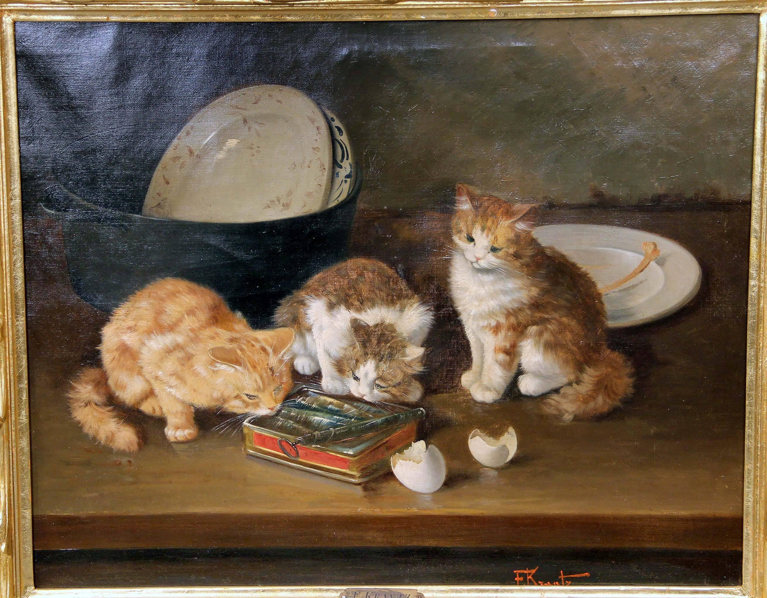 A beautiful pair of late 19th-early 20th century kitten paintings.

By F. Krantz (German).

Oil on canvas, with curious kittens. One painting with four kittens and a mouse trap, the other with three kittens and food. Each signed F. Krantz on the