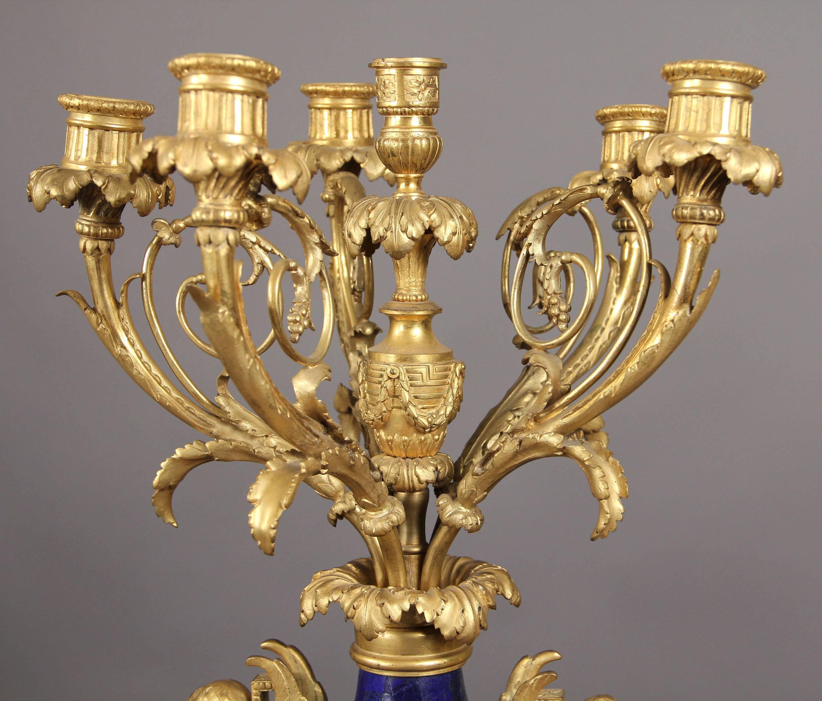 French Fantastic Pair of Late 19th Century Gilt Bronze and Lapis Lazuli Candelabra