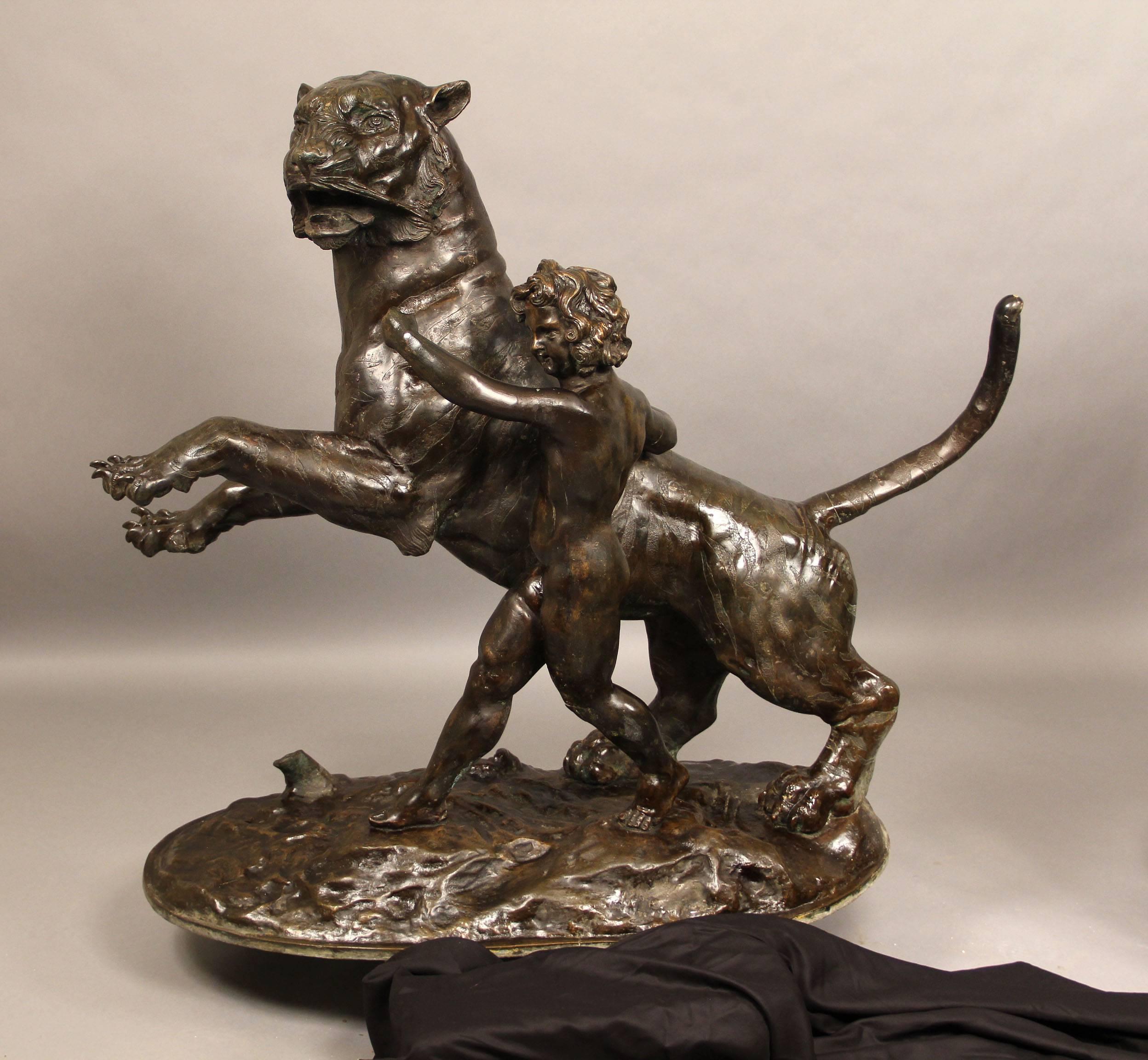 Large Pair of Early 20th Century Bronzes of a Lion and Tiger In Good Condition For Sale In New York, NY