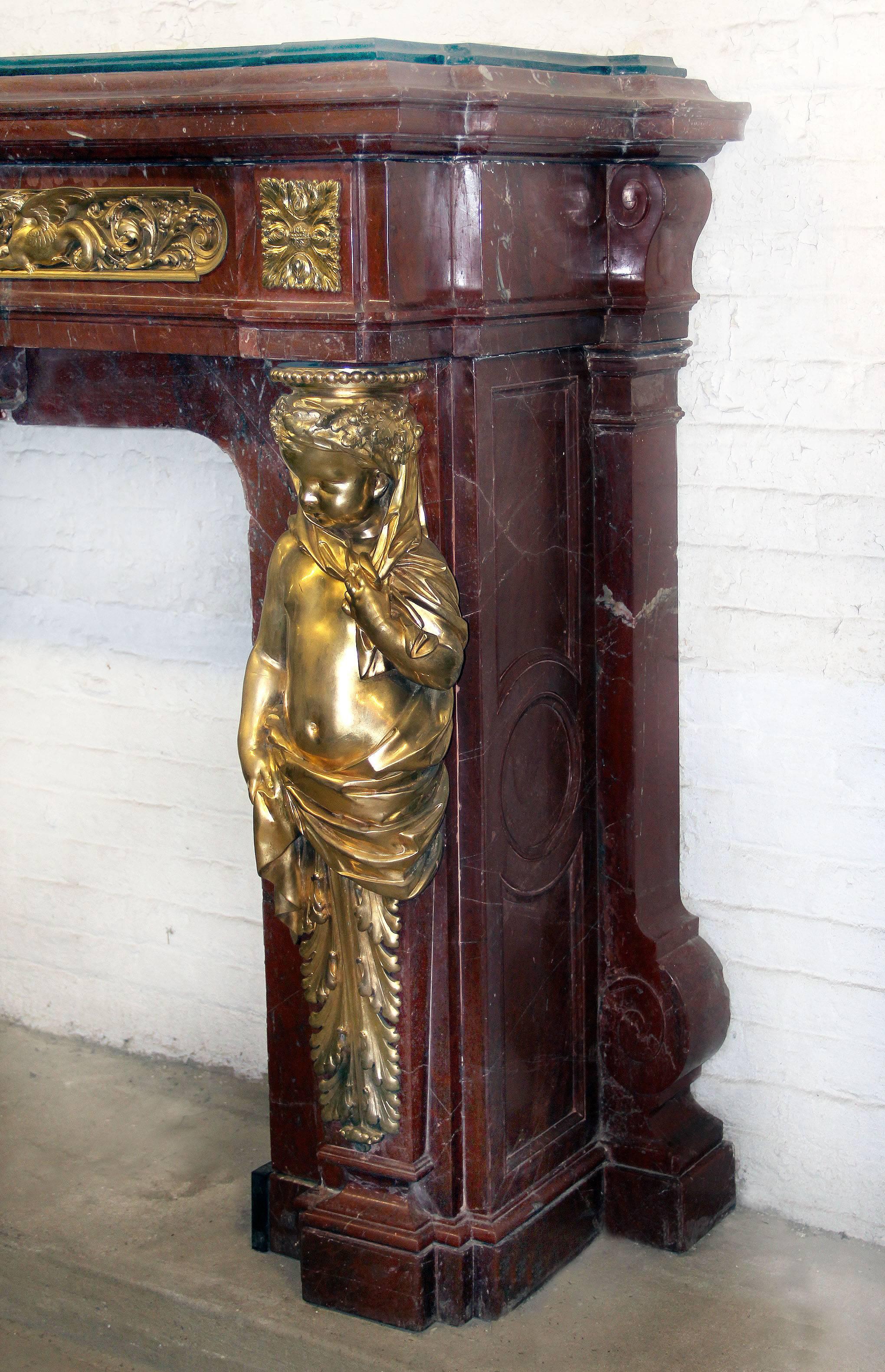 Belle Époque Very Fine and Palatial Late 19th Century Gilt Bronze Mounted Fireplace For Sale